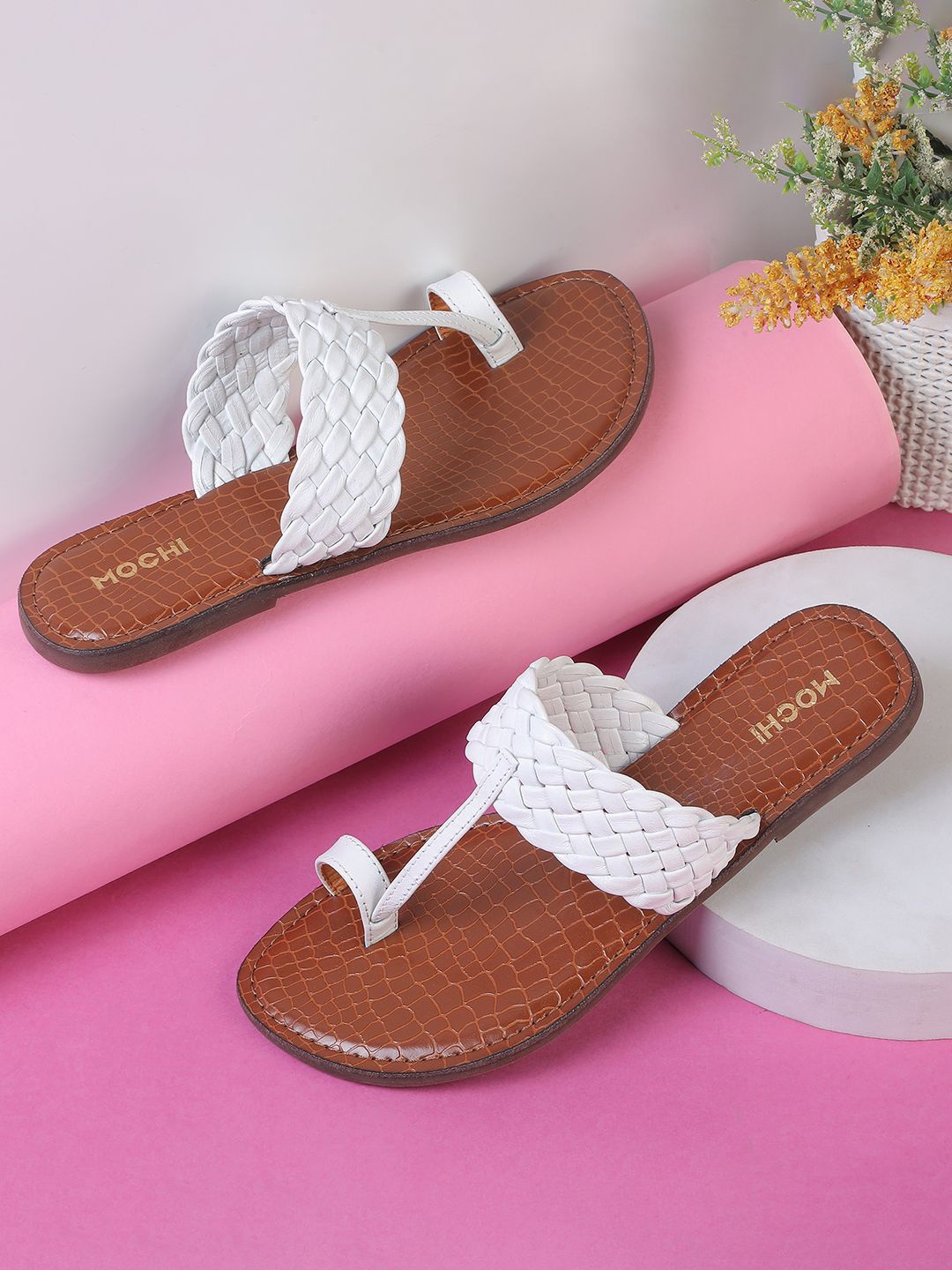 

Mochi Women One Toe Flats with Laser Cuts, White