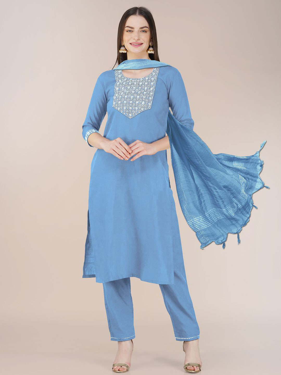 

WILNERCROWN Floral Yoke Design Regular Sequinned Kurta With Trousers & Dupatta, Blue