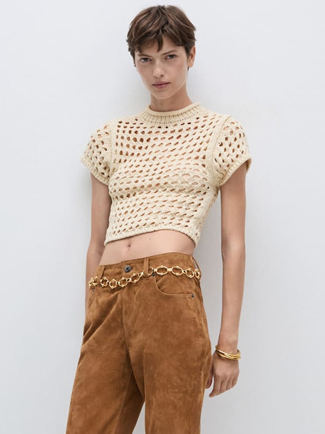 

MANGO Sheer Open-Knit Top, Beige
