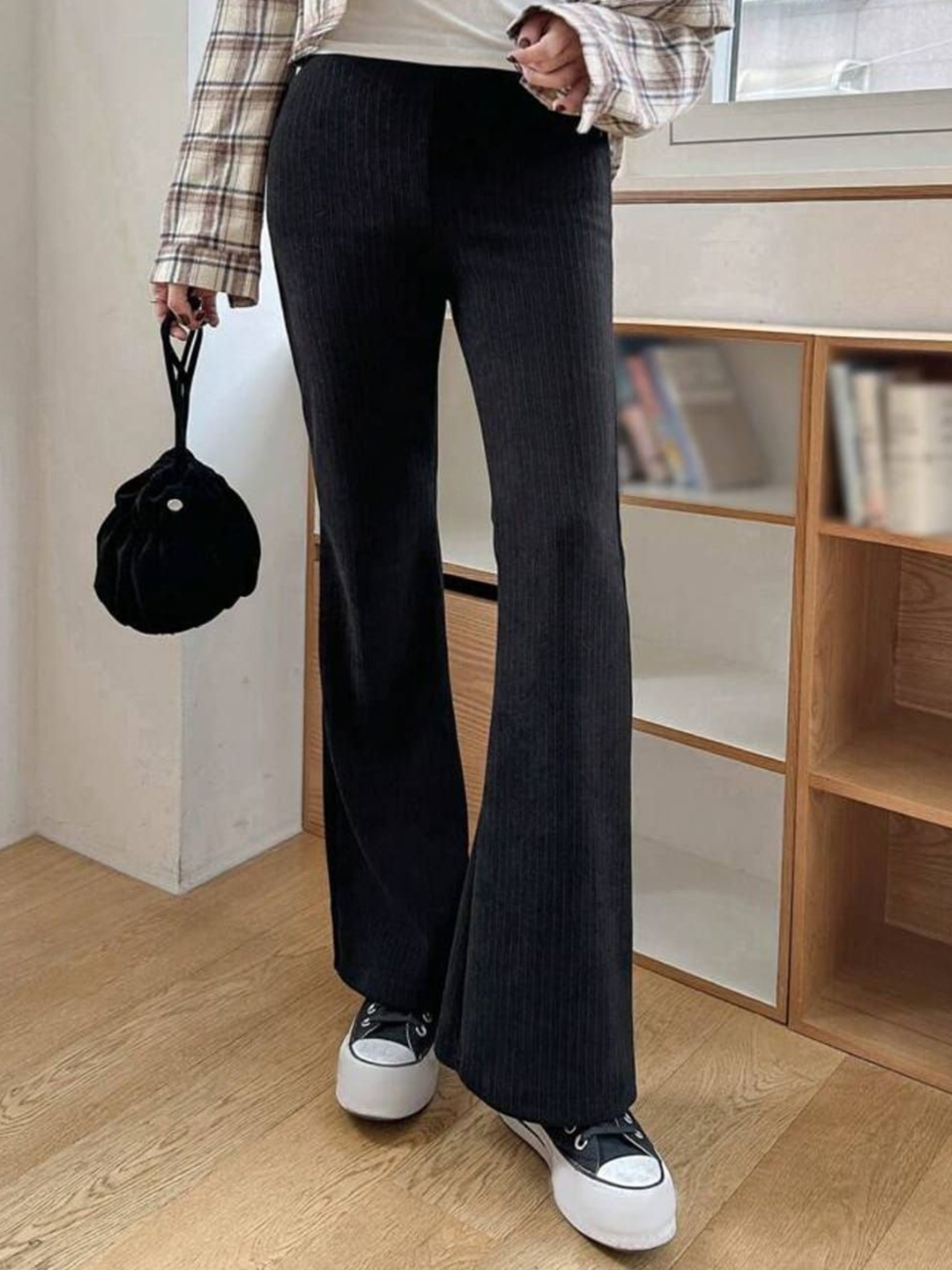 

BROADSTAR Women Smart Flared High-Rise Easy Wash Trousers, Black