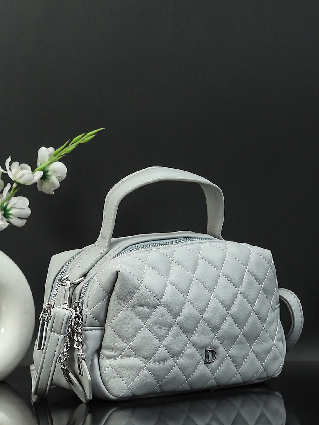 

Bagsy Malone Geometric Checked PU Shopper Sling Bag with Quilted, Grey