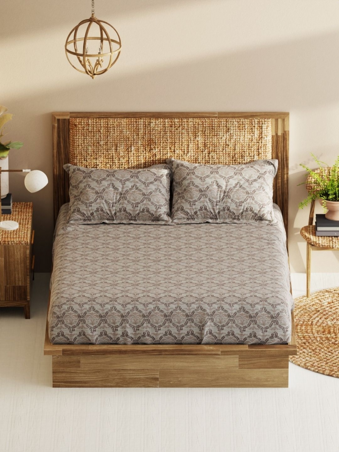 

BIANCA Grey & White Ethnic Motifs 210 TC Pure Cotton King Bedsheet with 2 Pillow Covers
