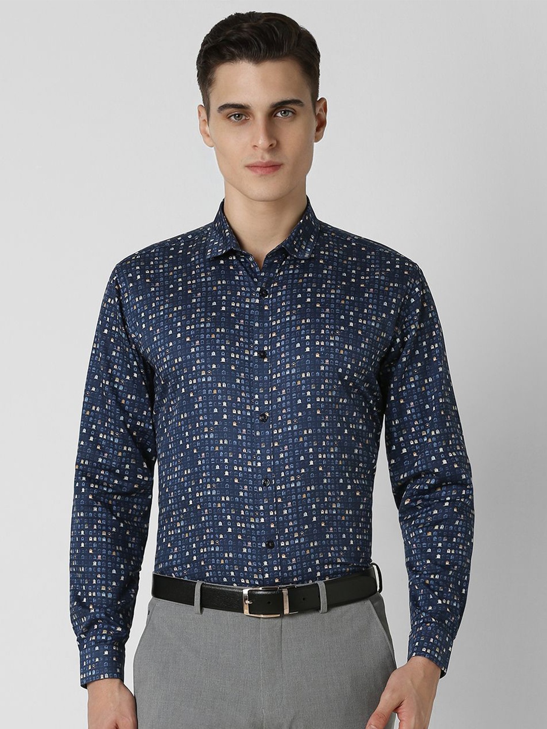 

V Dot Men Spread Collar Geometric Printed Slim Fit Party Shirt, Navy blue
