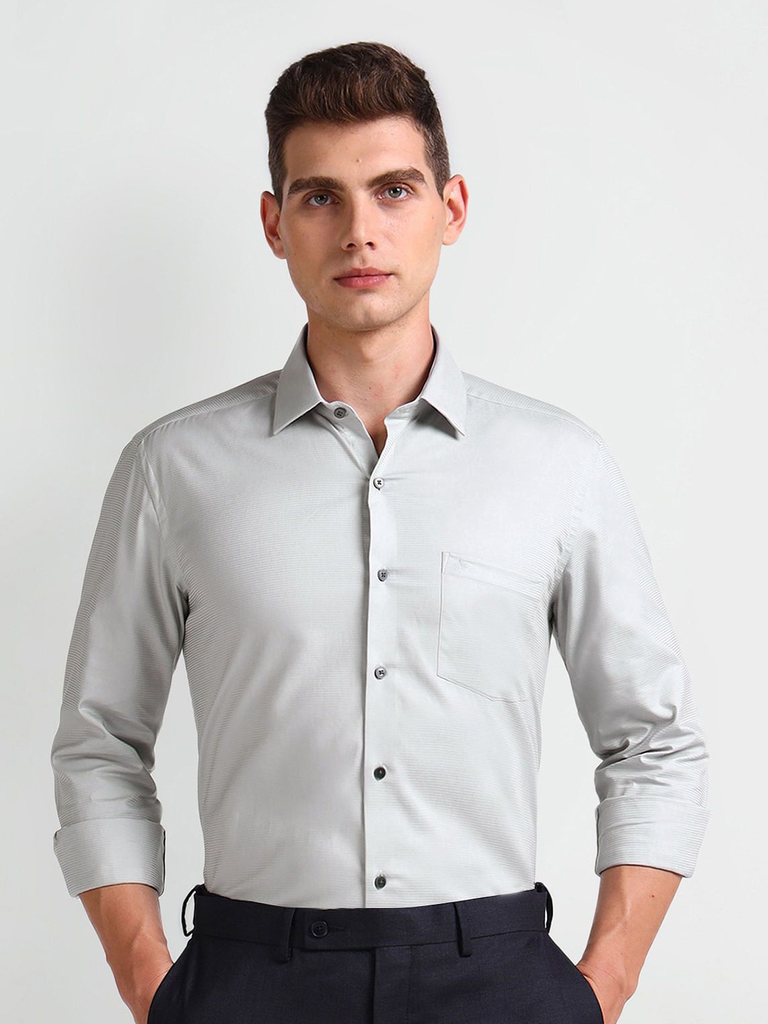 

Arrow Men Smart Spread Collar Solid Cotton Slim Fit Formal Shirt, Grey