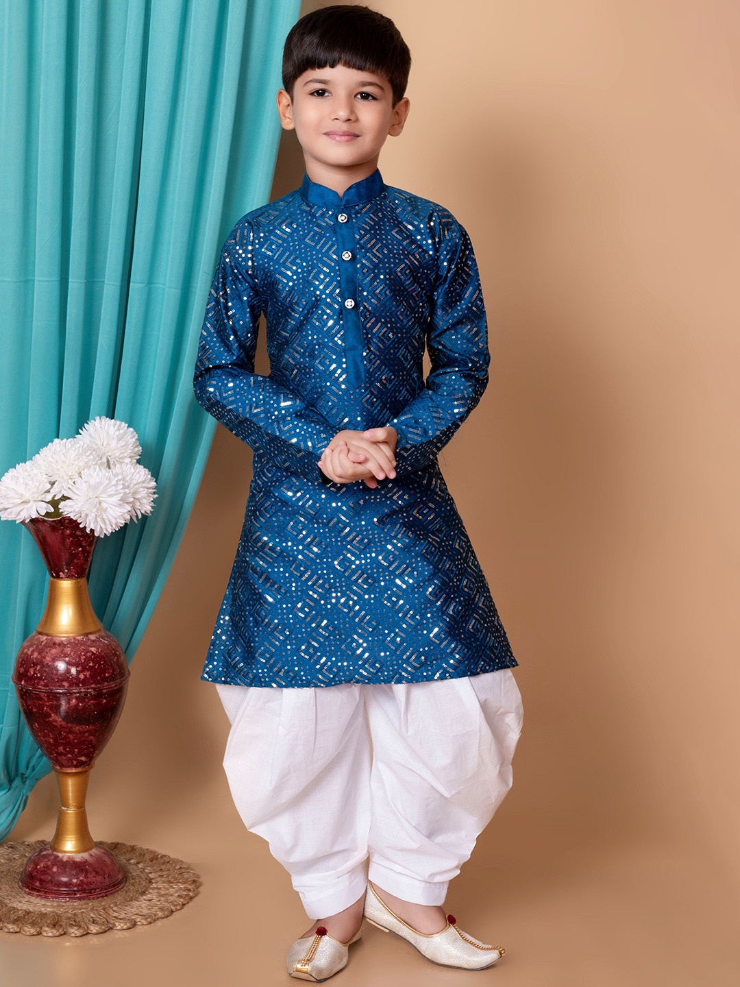 

NFC CREATION Boys Geometric Embroidered Mandarin Collar Sequinned Silk Kurta & Dhoti Pants, Blue