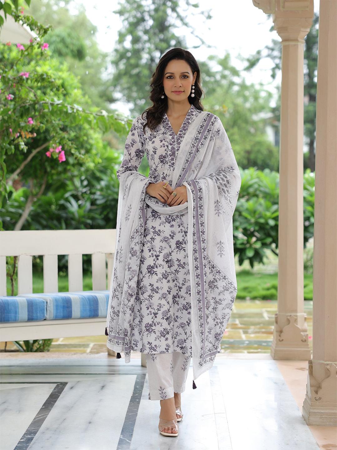 

FASHOR Floral Printed Mirror Work Pure Cotton Straight Kurta With Trousers & Dupatta, Off white