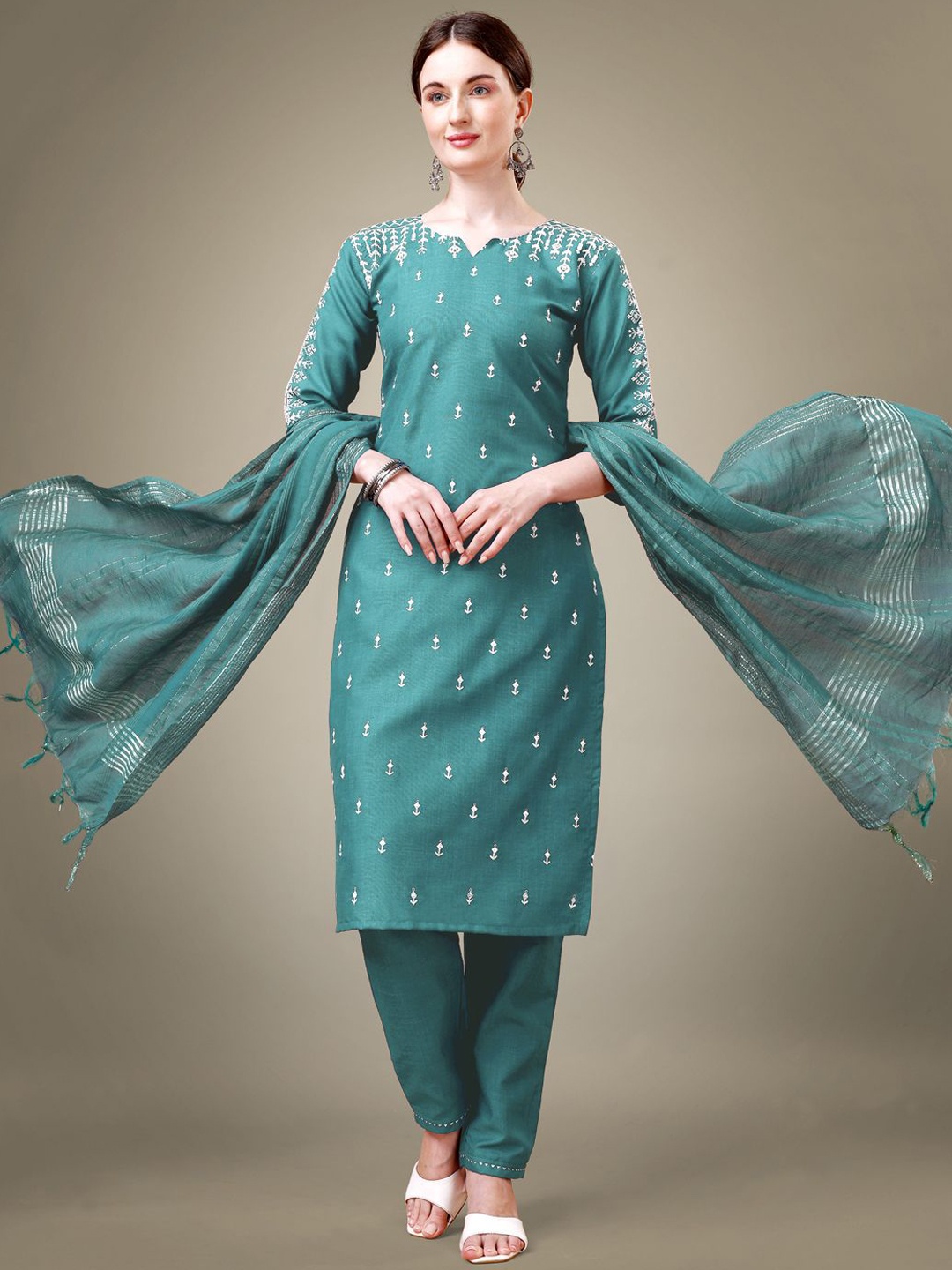 

WILNERCROWN Floral Embroidered Notch Neck Straight Kurta With Churidar & With Dupatta, Sea green