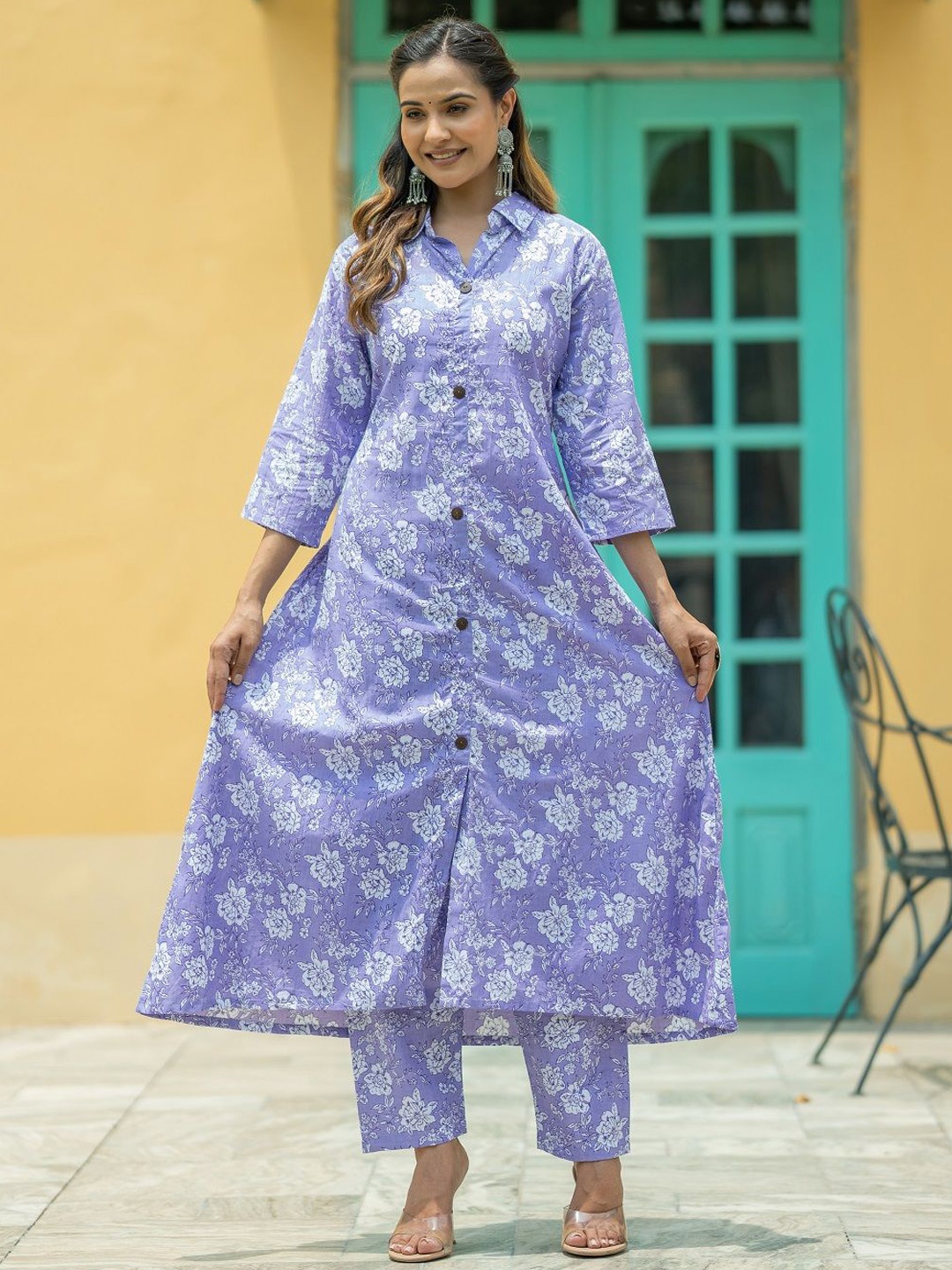 

KALINI Floral Printed Regular Three-Quarter Sleeves Pure Cotton Kurta with Trousers, Blue