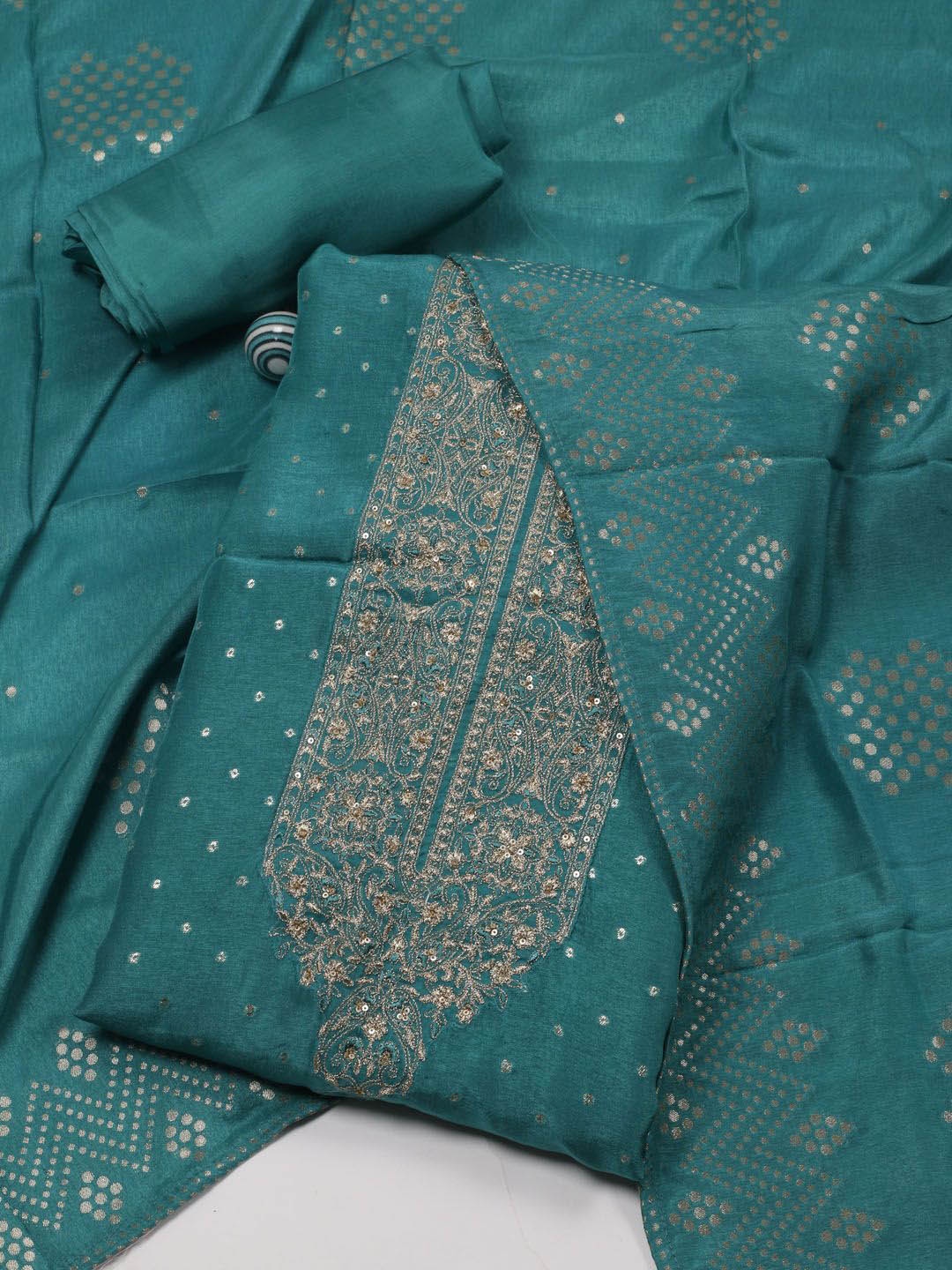 

Meena Bazaar Floral Beads and Stones Art Silk Unstitched Dress Material, Blue