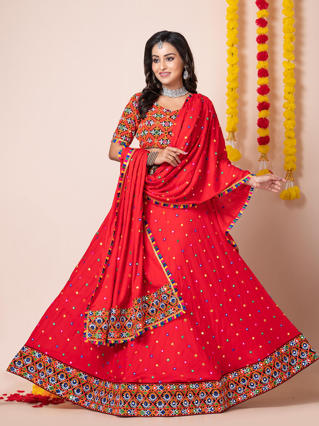 

Roykals Embroidered Semi-Stitched Lehenga & Unstitched Blouse With Dupatta, Red