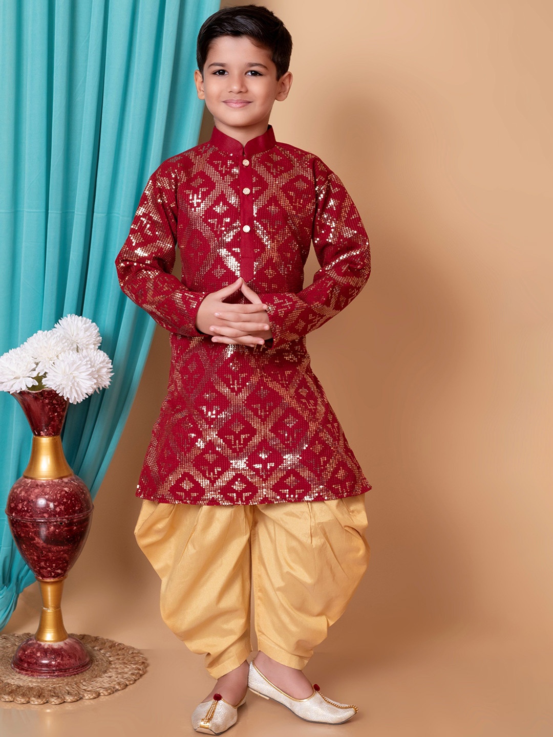 

NFC CREATION Boys Embroidered Sequinned Dupion Silk Kurta With Dhoti Pants, Maroon