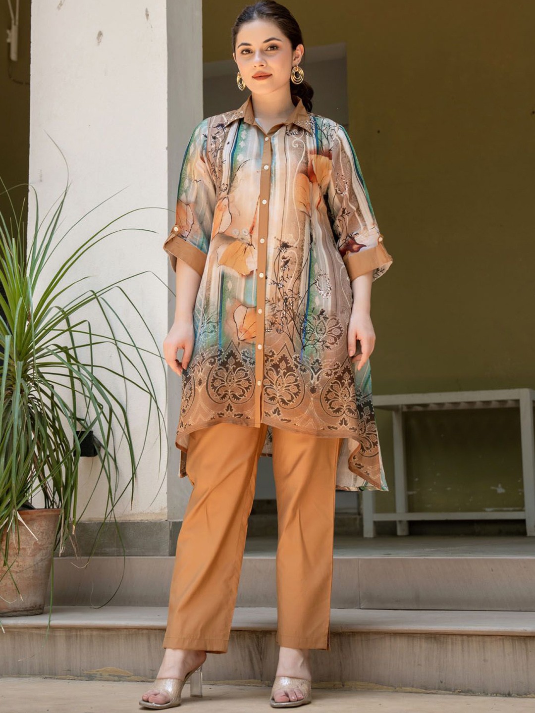

FASHION DWAR Floral Printed Asymmetrical Tunic With Trouser, Orange