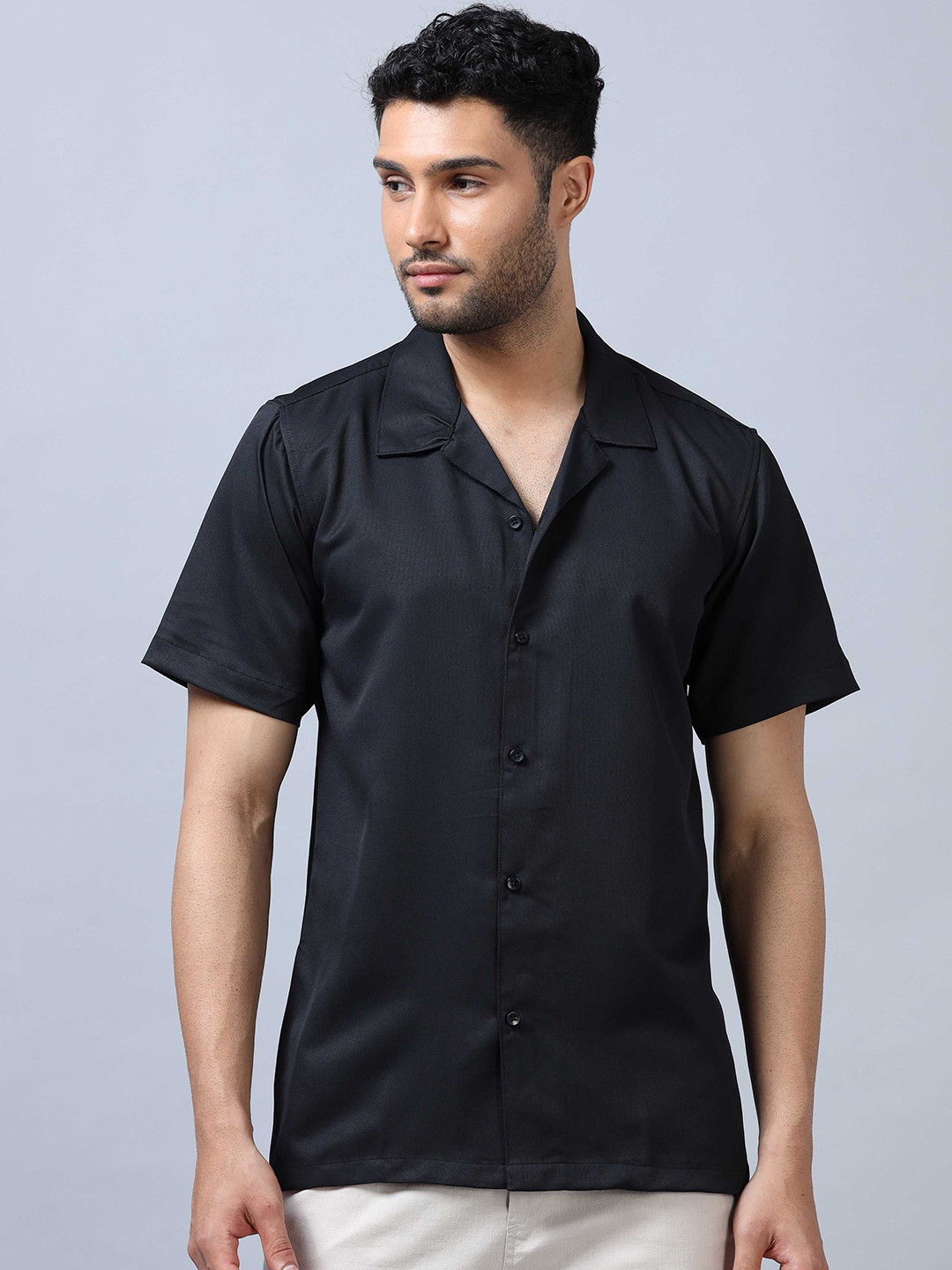 

SORATIA Men Cuban Collar Solid Elastane Relaxed Fit Casual Shirt, Black