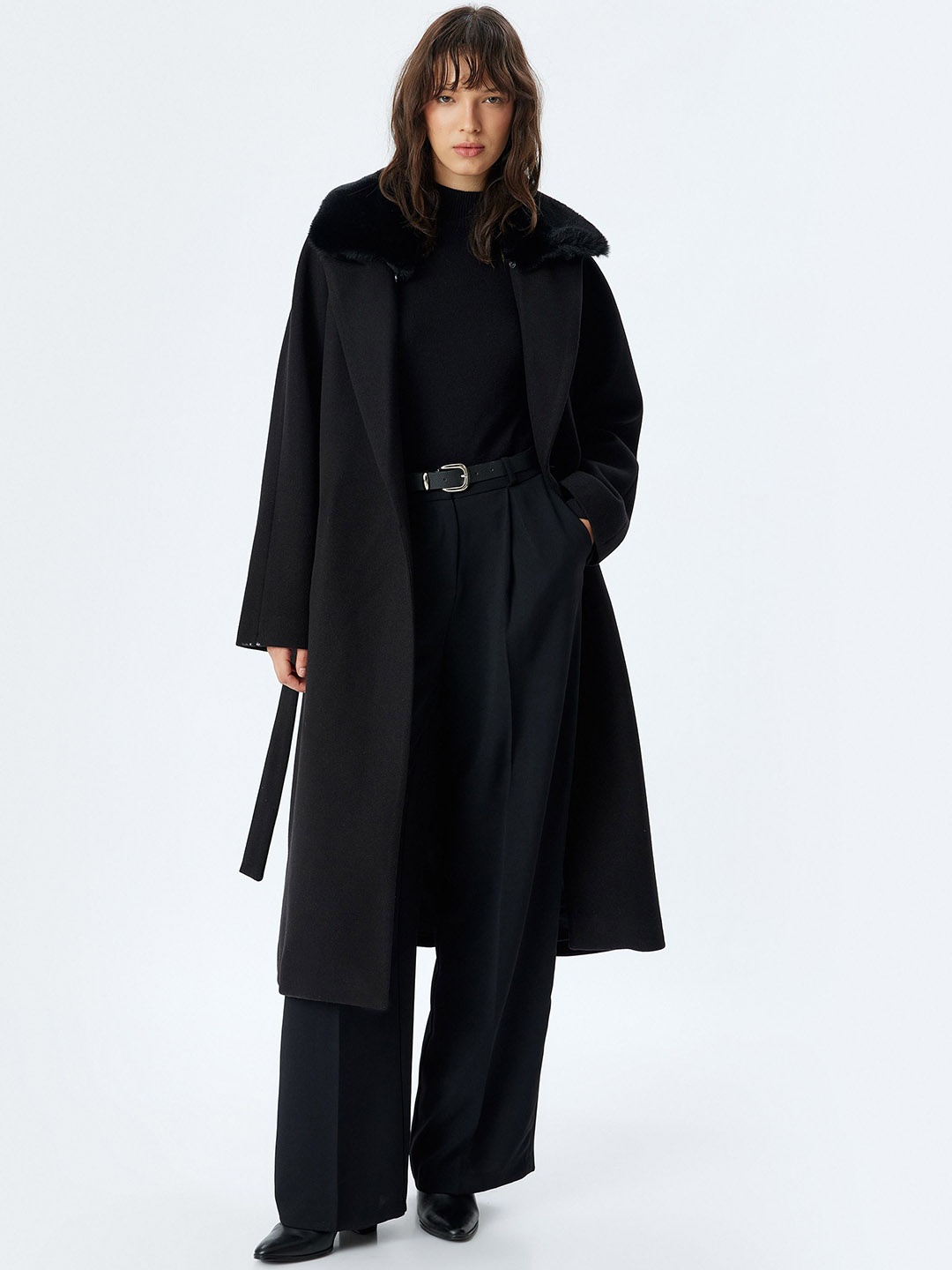 

Koton Long Sleeve Open Front Overcoat, Black