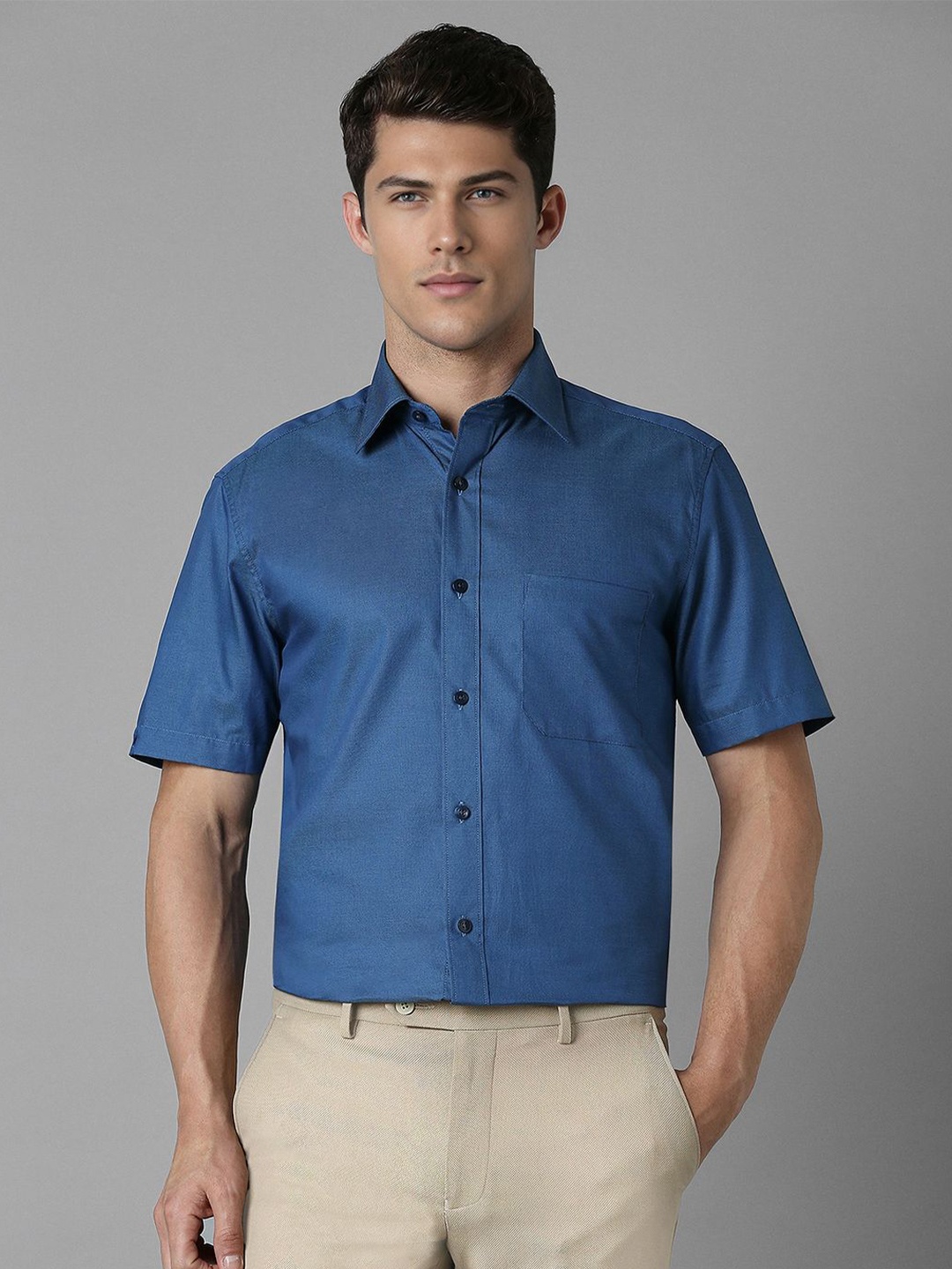

Louis Philippe Men Classic Spread Collar Solid Cotton Formal Shirt, Blue