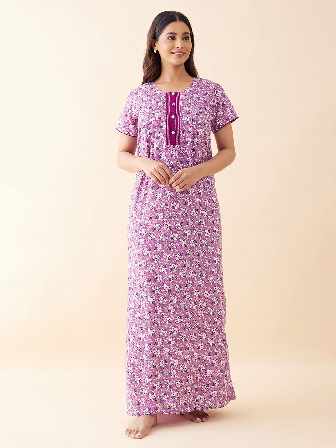 

Maybell Printed Pure Cotton Maxi Nightdress, Purple