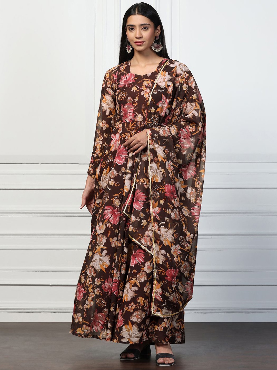 

BAESD Printed Flared Maxi Ethnic Dress With Dupatta, Brown