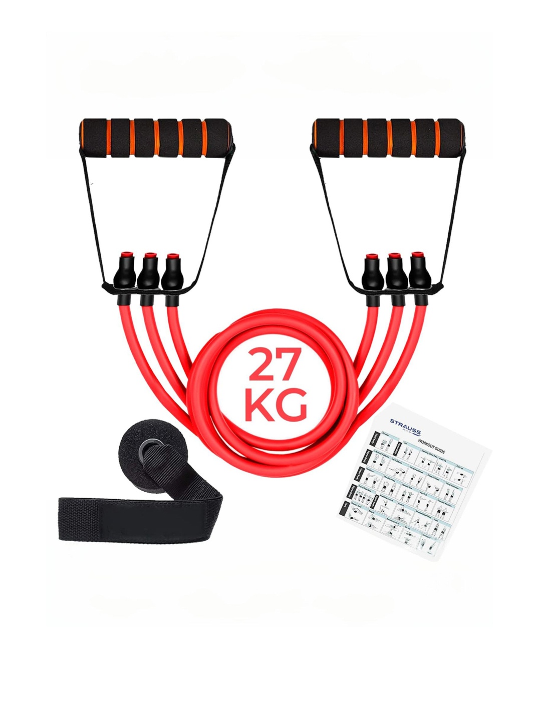 

STRAUSS Triple Resistance Tube with Foam Handles, Door Knob & Carry Bag, Red