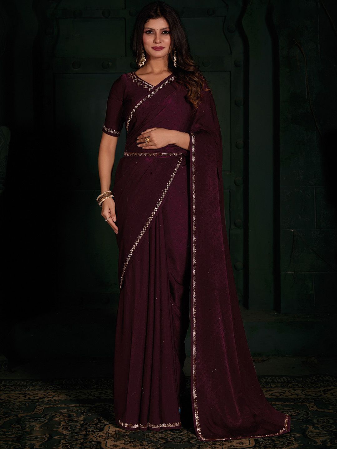 

Anouk Ethnic Motifs Beads and Stones Satin Saree, Black