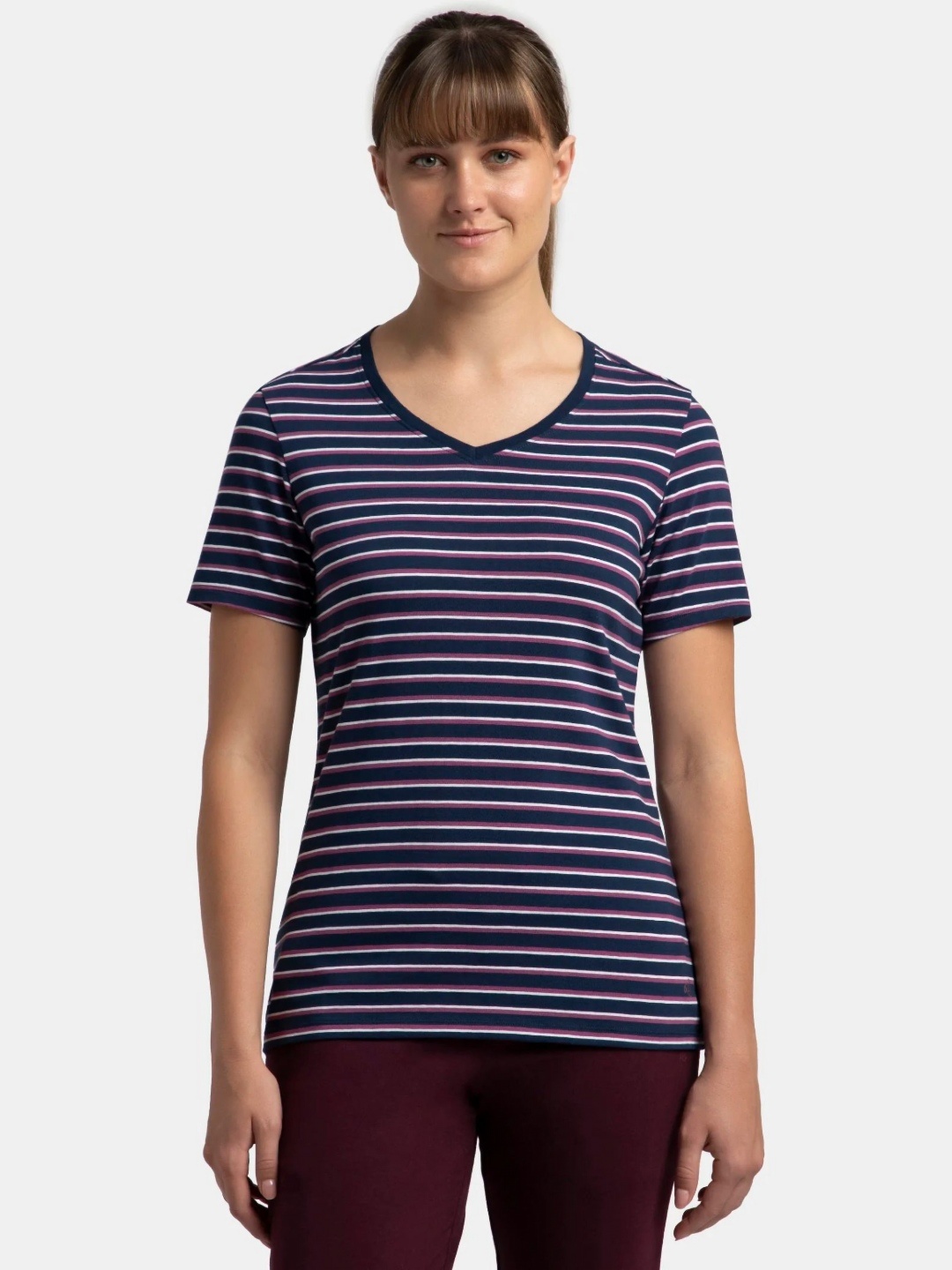 

Jockey Super Combed Cotton Regular Fit Yarn Dyed Striped V Neck Half Sleeve Tshirt-AW22, Blue
