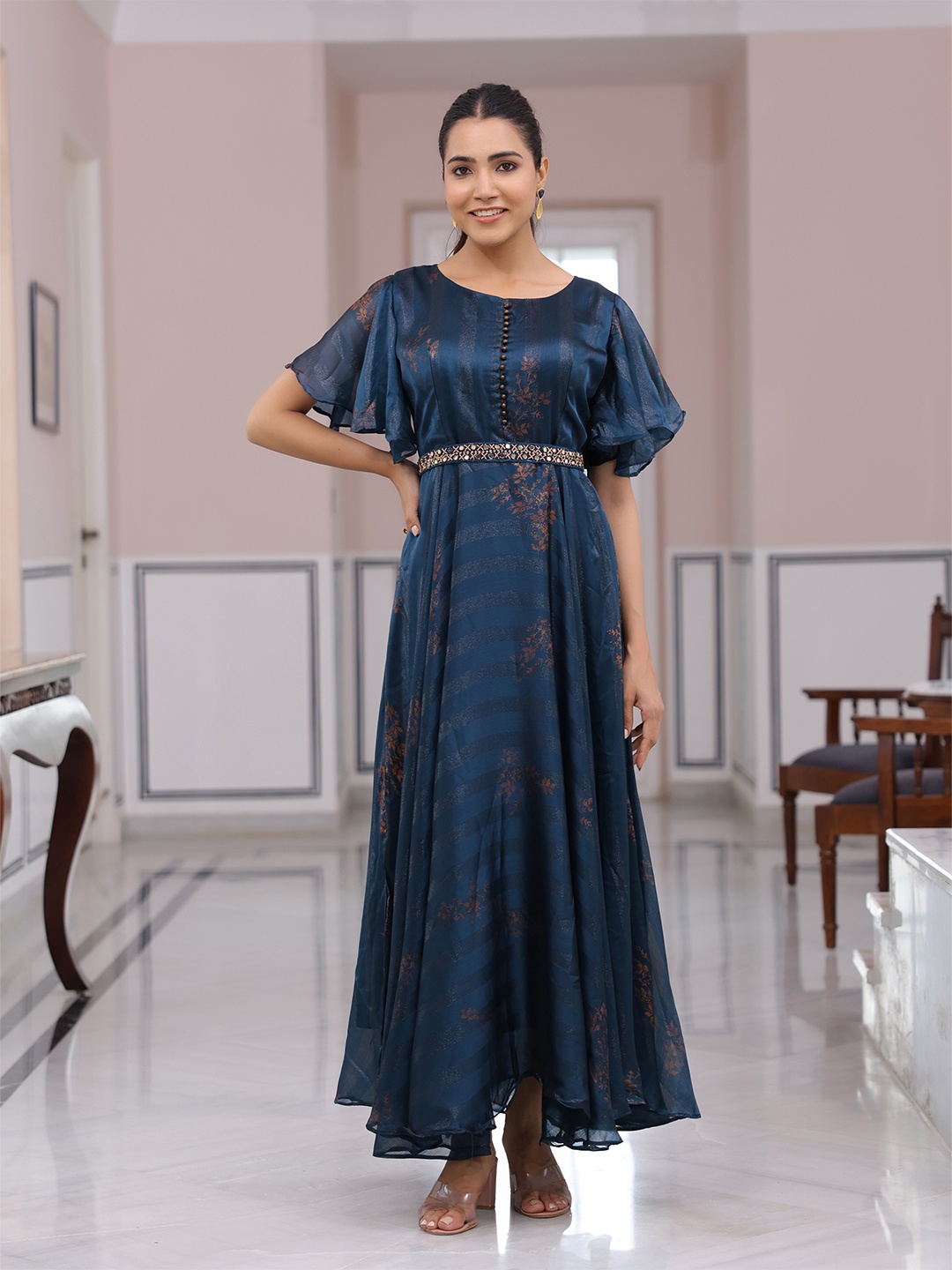 

FASHOR Printed Flared Sleeve Maxi Dress With Waist Belt, Teal