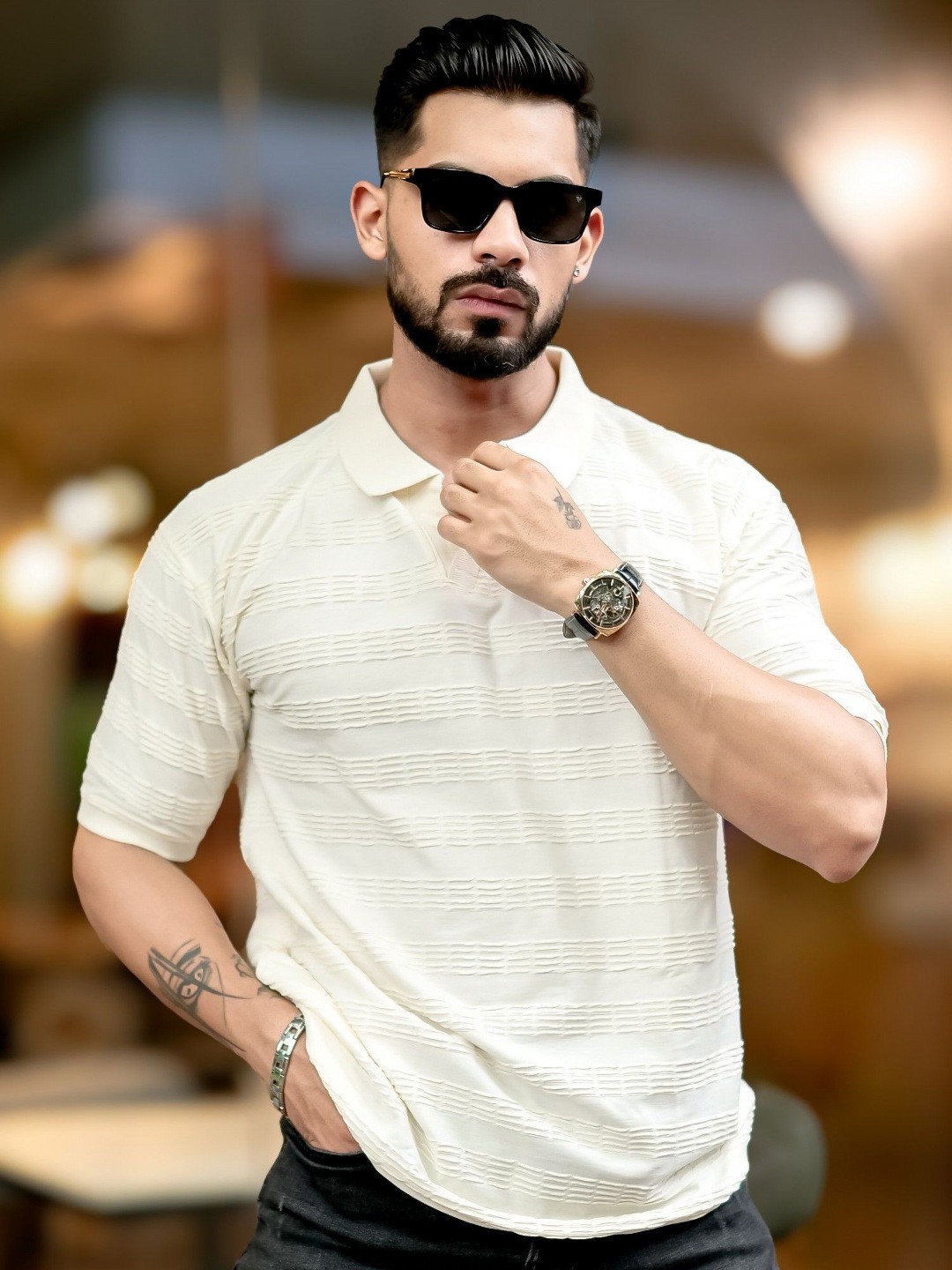 

Maniac Men Self Design Polo Collar Cotton T-shirt, White