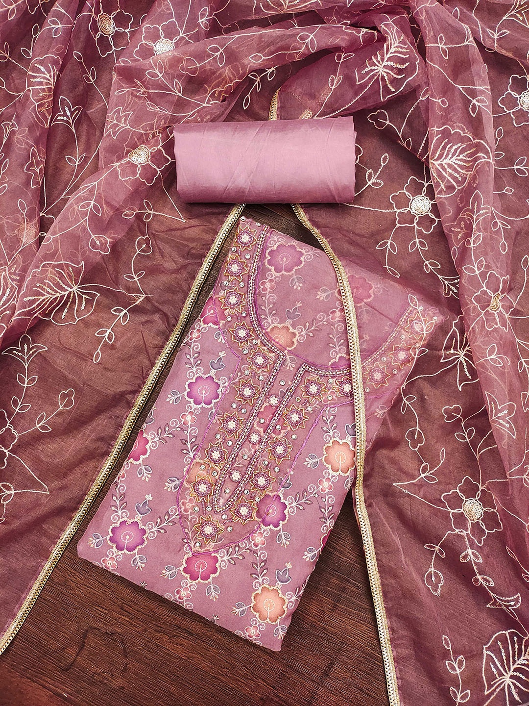 

KALINI Floral Embroidered Zari Unstitched Dress Material, Pink