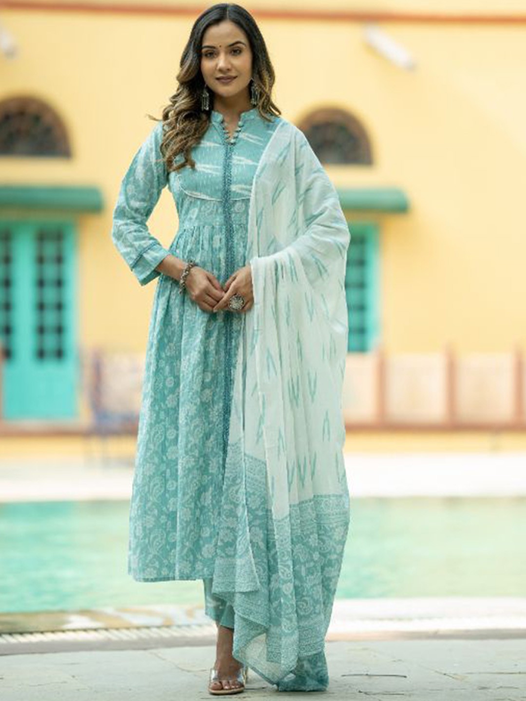 

KALINI Ethnic Motifs Printed Pure Cotton Anarkali Kurta With Trousers & Dupatta, Blue