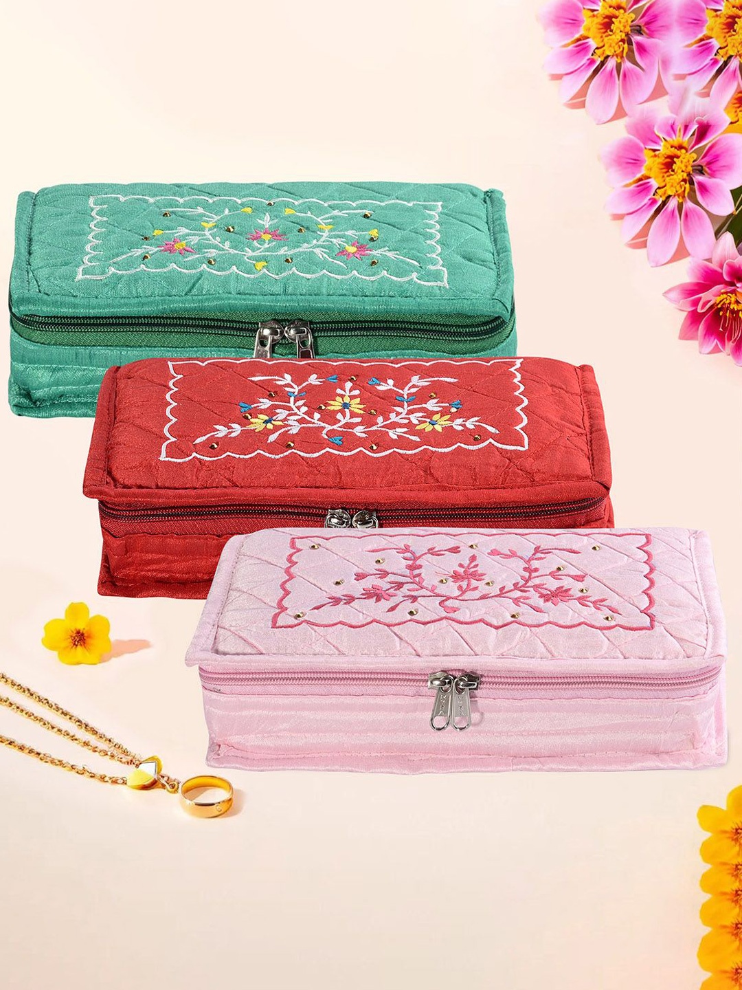 

Kuber Industries Red & Pink 3 Pieces Floral Embroidered Jewellery Organisers