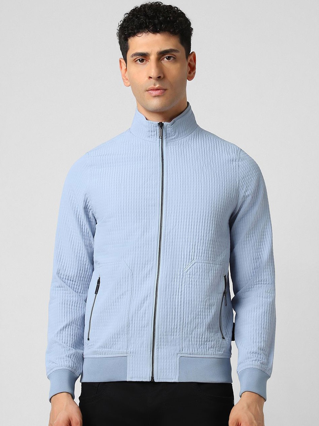 

V Dot Men Open Front Jacket with Embroidered, Blue