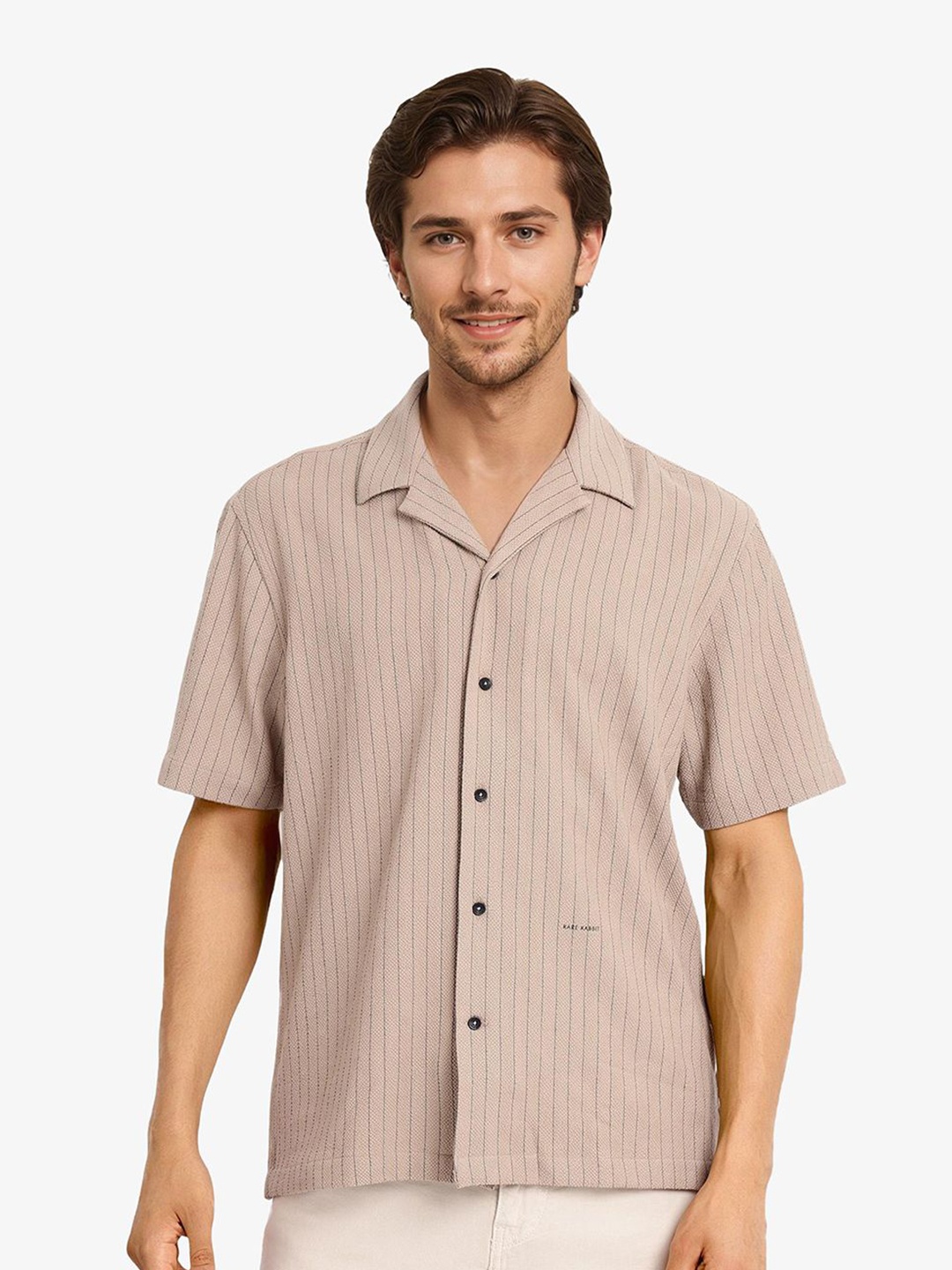 

RARE RABBIT Men Comfort Cuban Collar Striped Boxy Casual Shirt, Beige