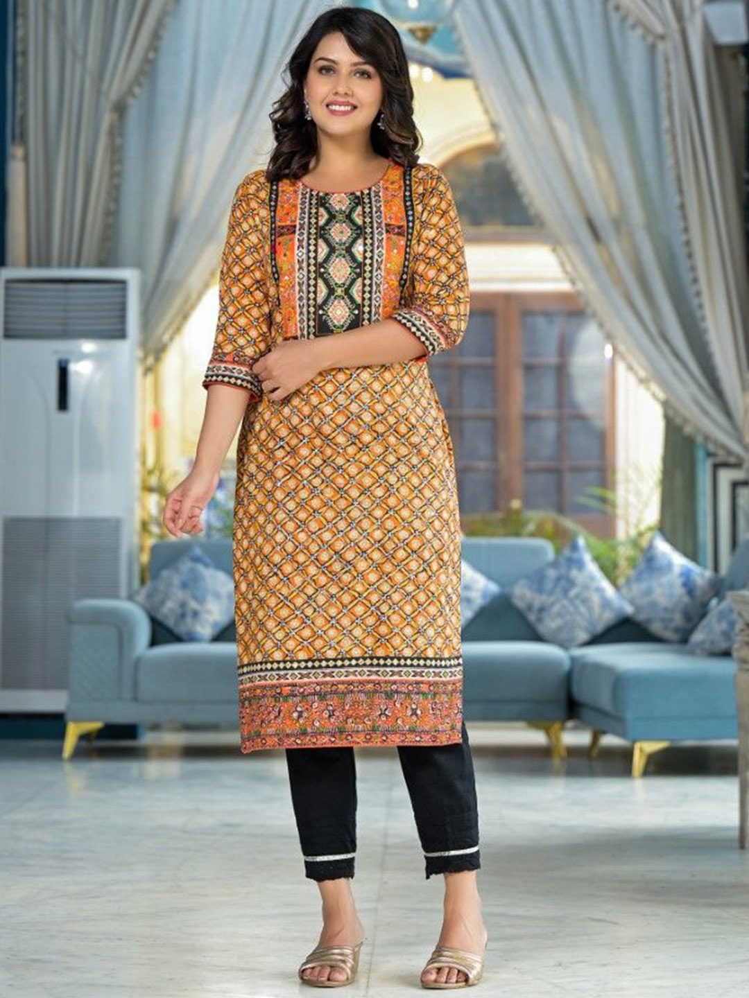 

Juniper Ethnic Motifs Printed Round Neck Sequinned Straight Kurta, Mustard