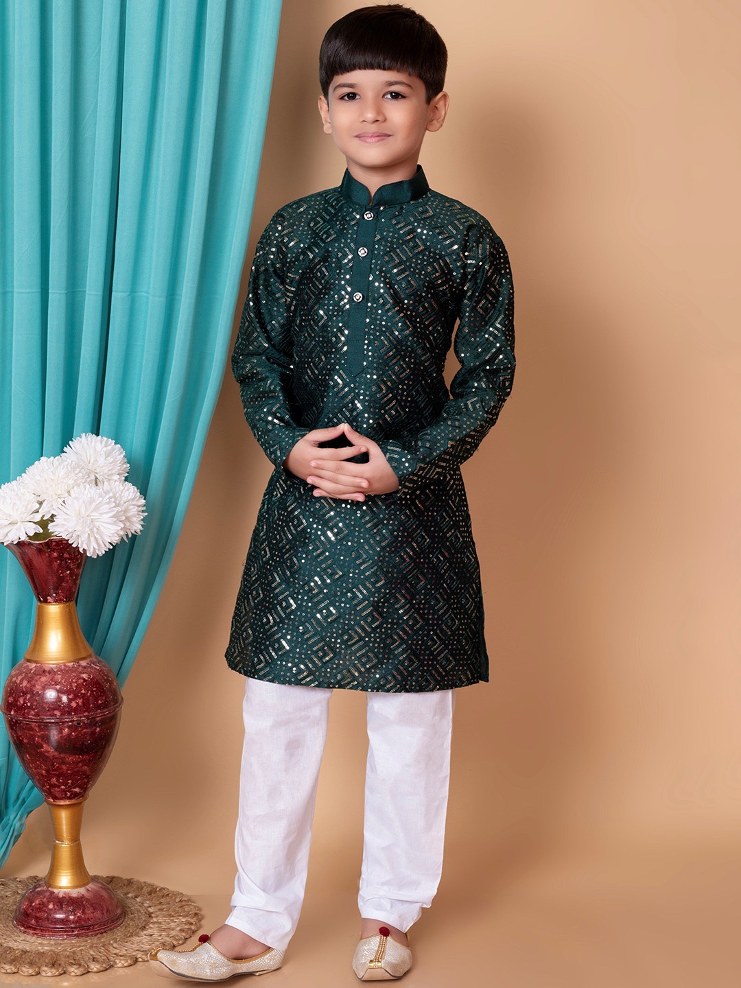 

NFC CREATION Boys Embroidered Mandarin Collar Sequinned Dupion Silk Kurta with Pyjama, Green