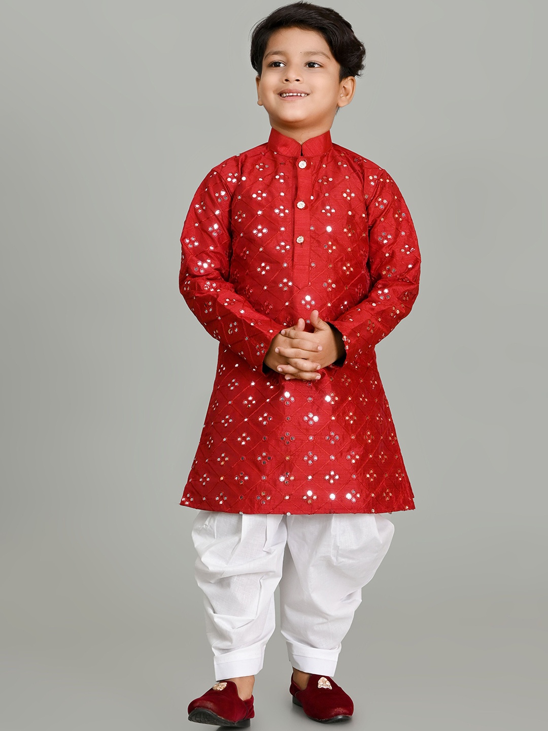 

NFC CREATION Boys Embroidered Regular Mirror Work Dupion Silk Straight Kurta with Patiala, Maroon