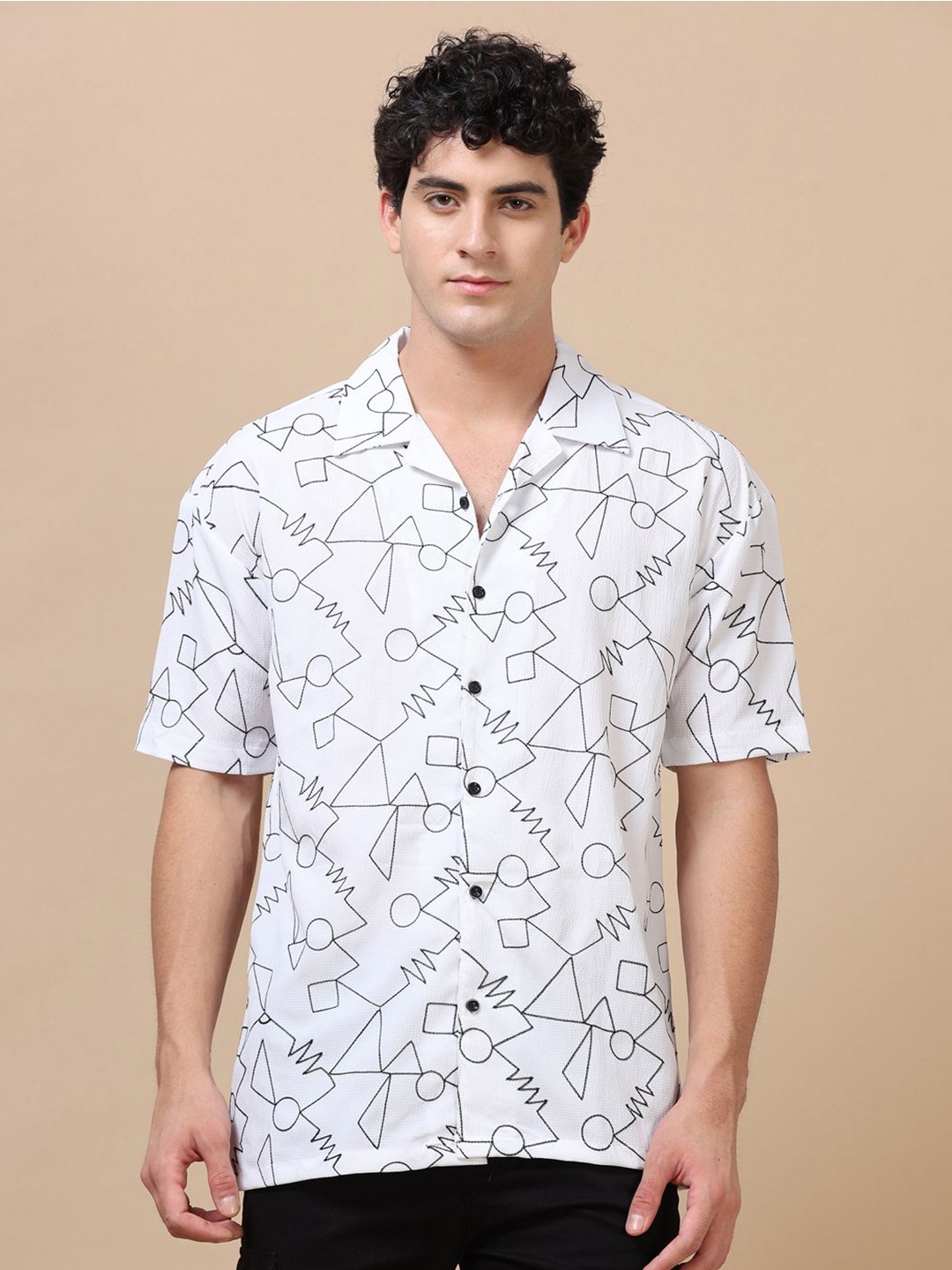 

Bushirt Men Classic Cuban Collar Abstract Printed Oversized Casual Shirt, White