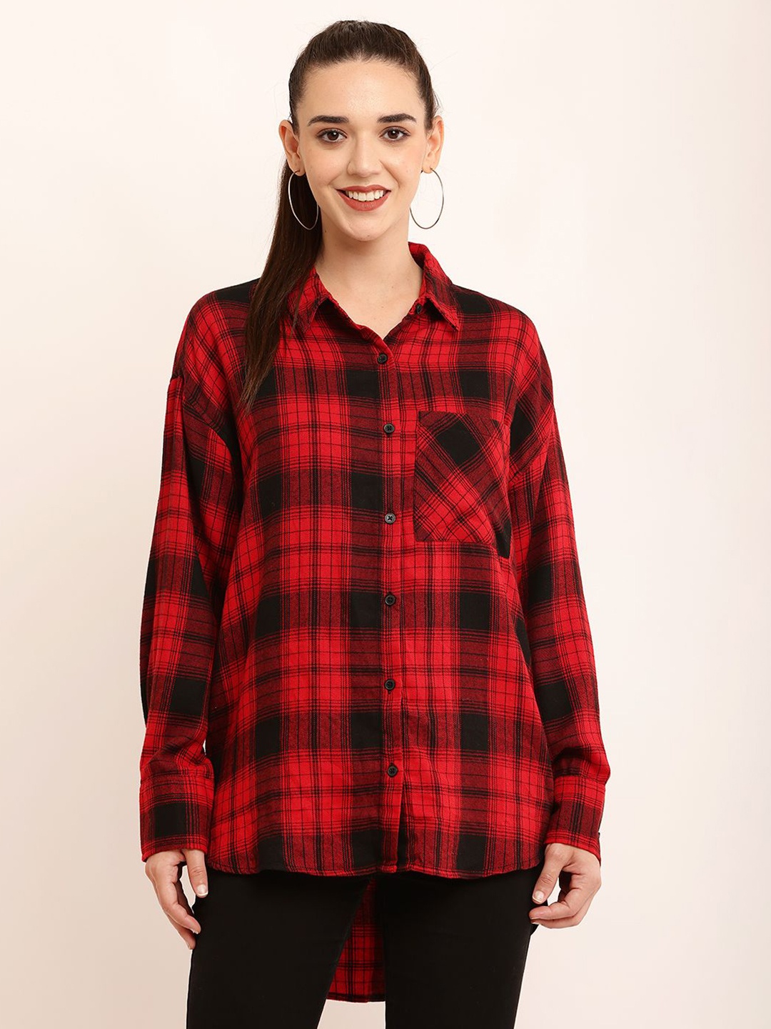 

NoBarr Women Spread Collar Tartan Checked Casual Shirt, Red