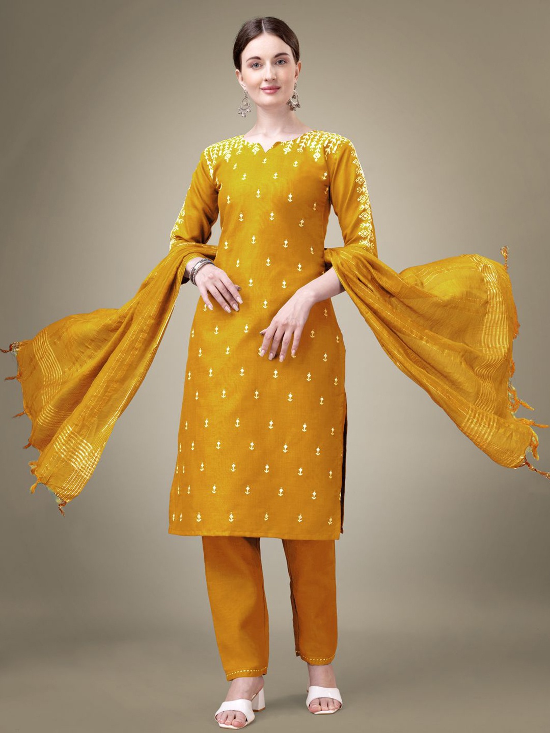 

WILNERCROWN Floral Embroidered Notch Neck Straight Kurta With Churidar & With Dupatta, Yellow