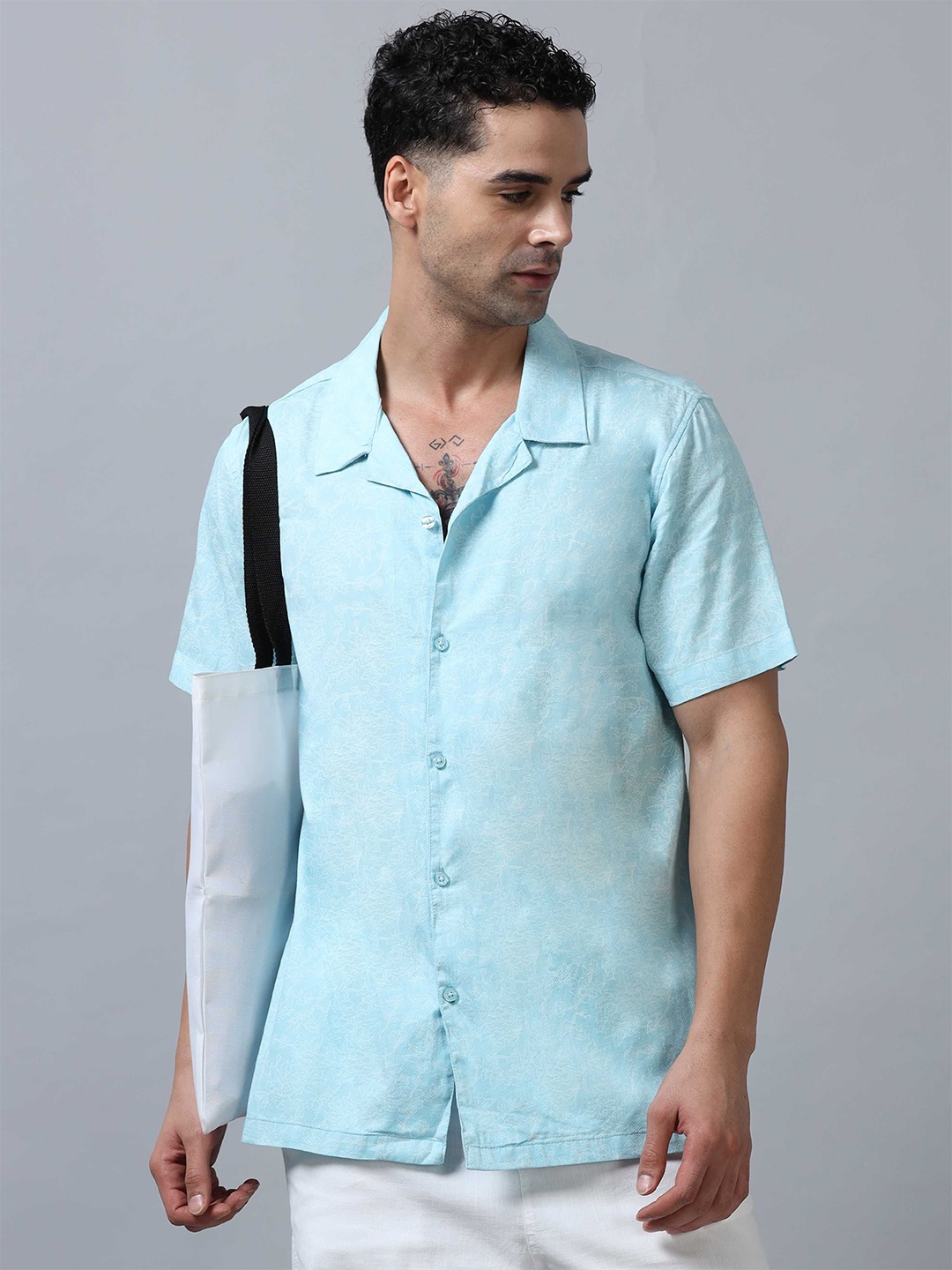 

SORATIA Men Cuban Collar Floral Printed Cotton Relaxed Fit Casual Shirt, Blue
