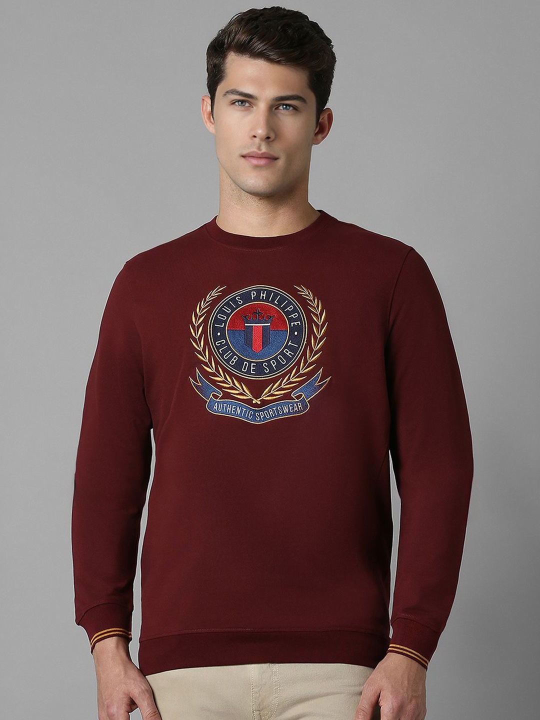 

Louis Philippe Sport Men Embroidered Brand Logo Pure Cotton Sweatshirt, Maroon