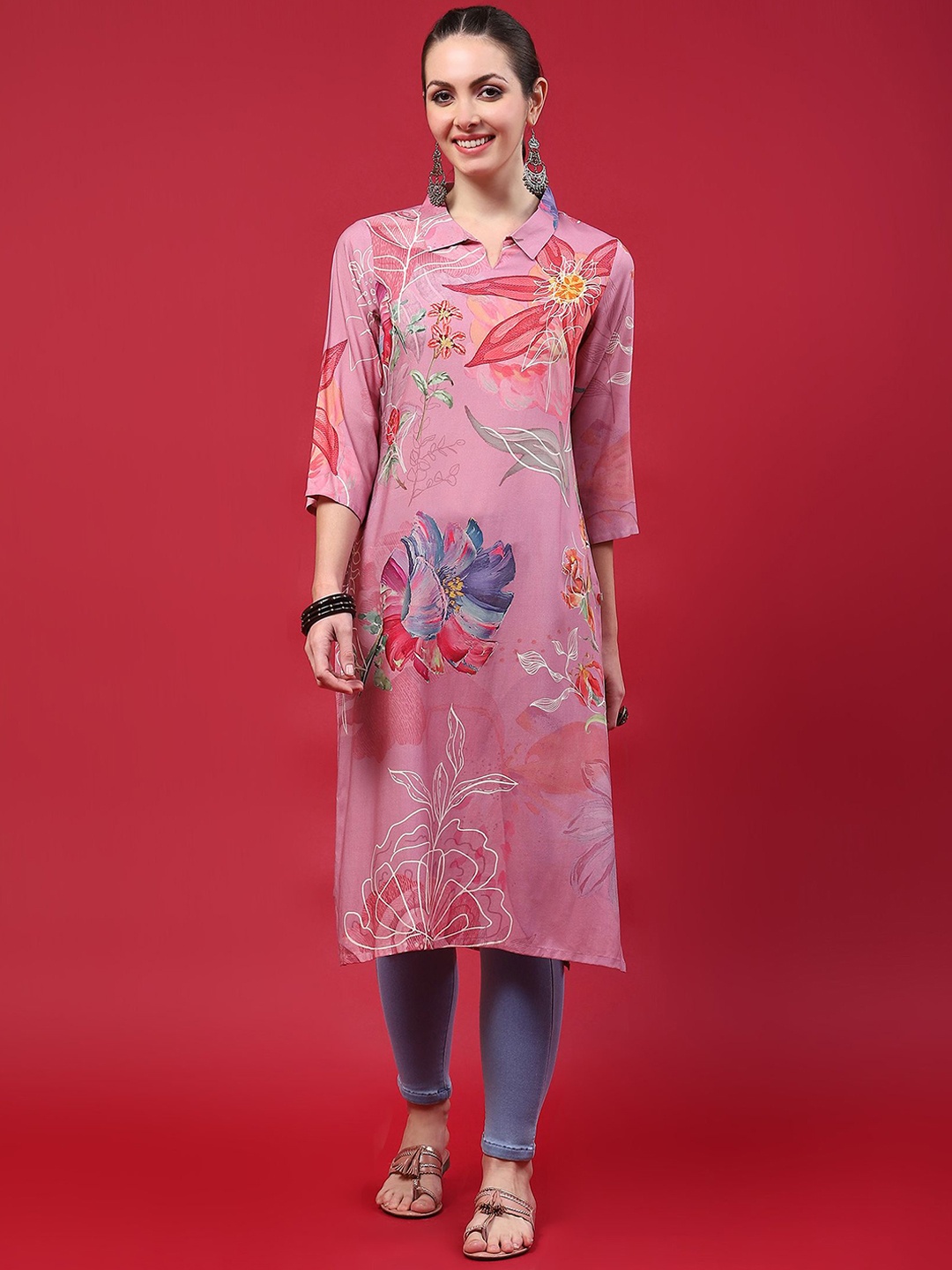 

Shree Floral Printed Shirt Collar Three-Quarter Sleeves Liva Straight Kurta, Pink