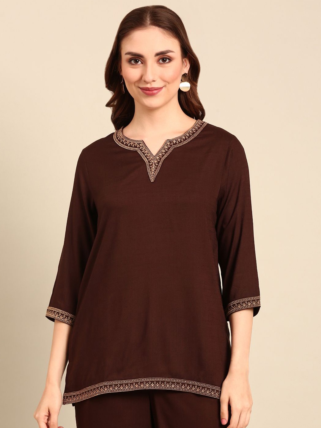 

De Moza Mandarin Collar Cotton Top, Brown