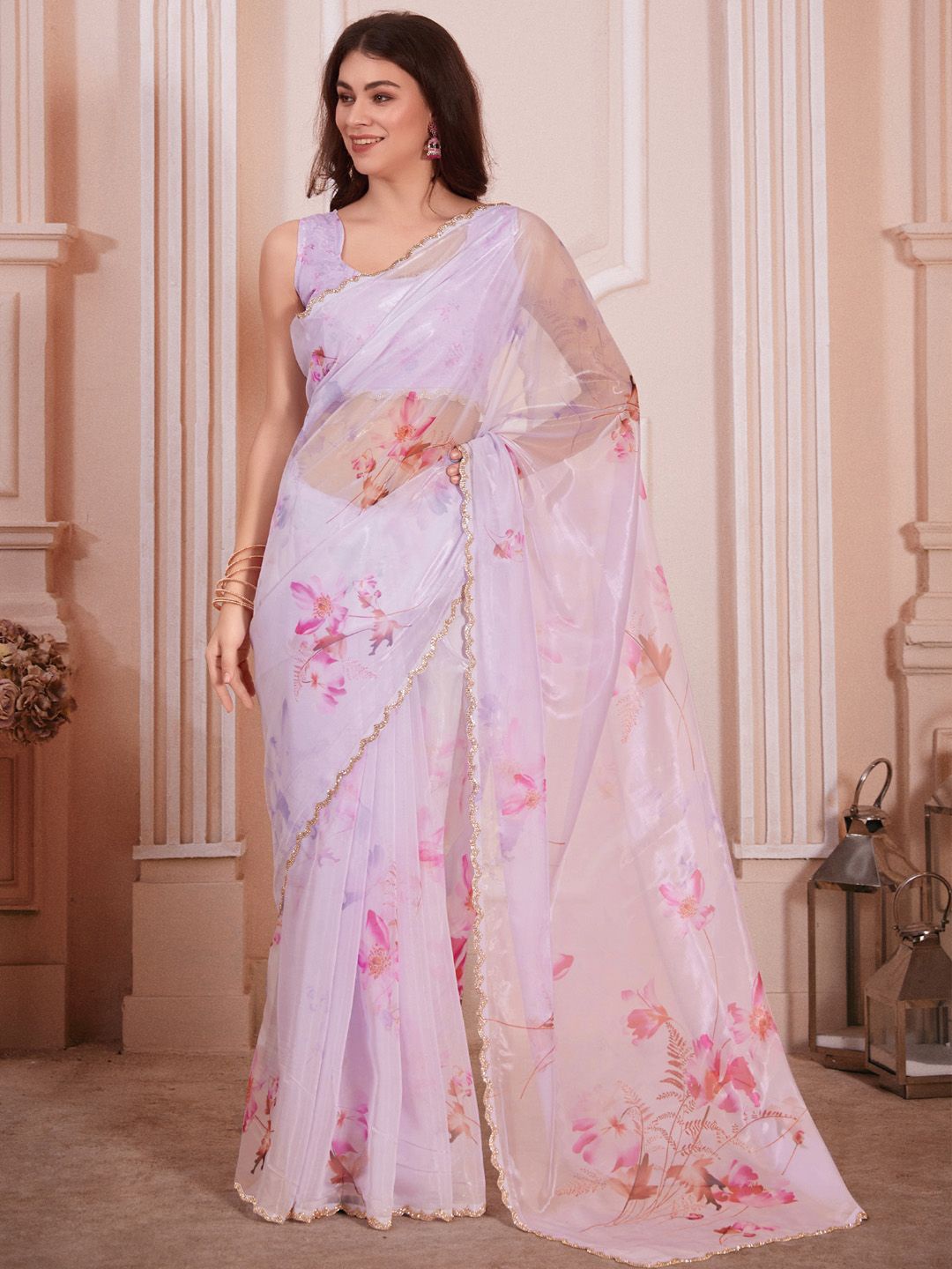 

Anouk Floral Beads and Stones Organza Saree, Lavender