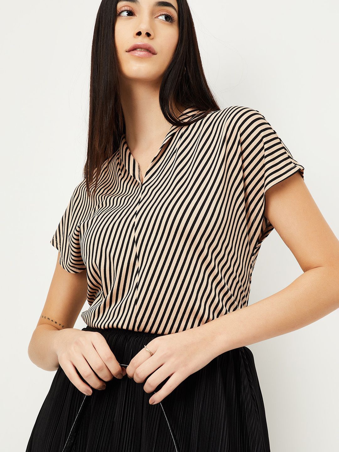

max Women Striped V-Neck Top, Beige