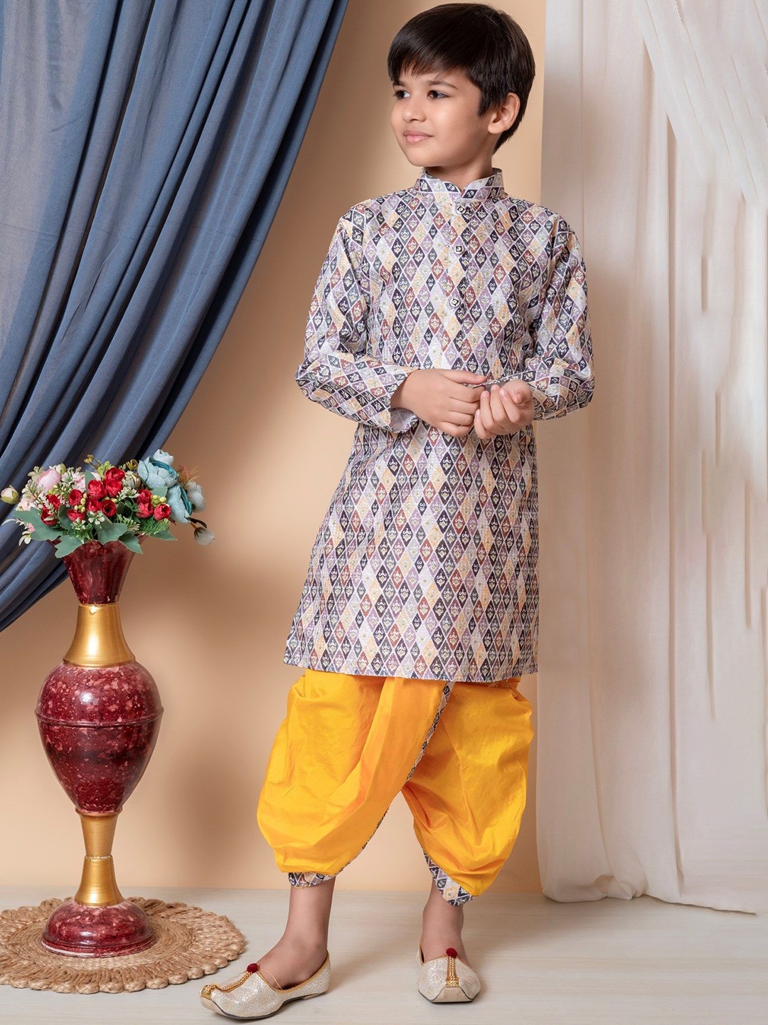 

NFC CREATION Boys Ethnic Motifs Embroidered Sequinned Dupion Silk Kurta With Dhoti Pant, Yellow