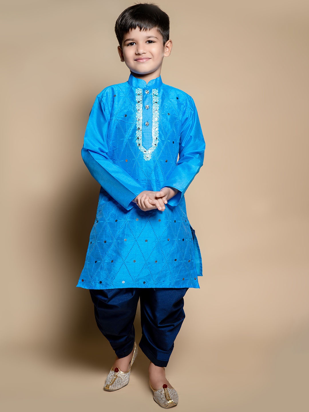 

NFC CREATION Boys Ethnic Motifs Embroidered Mirror Work Dupion Silk Kurta With Patiala, Blue