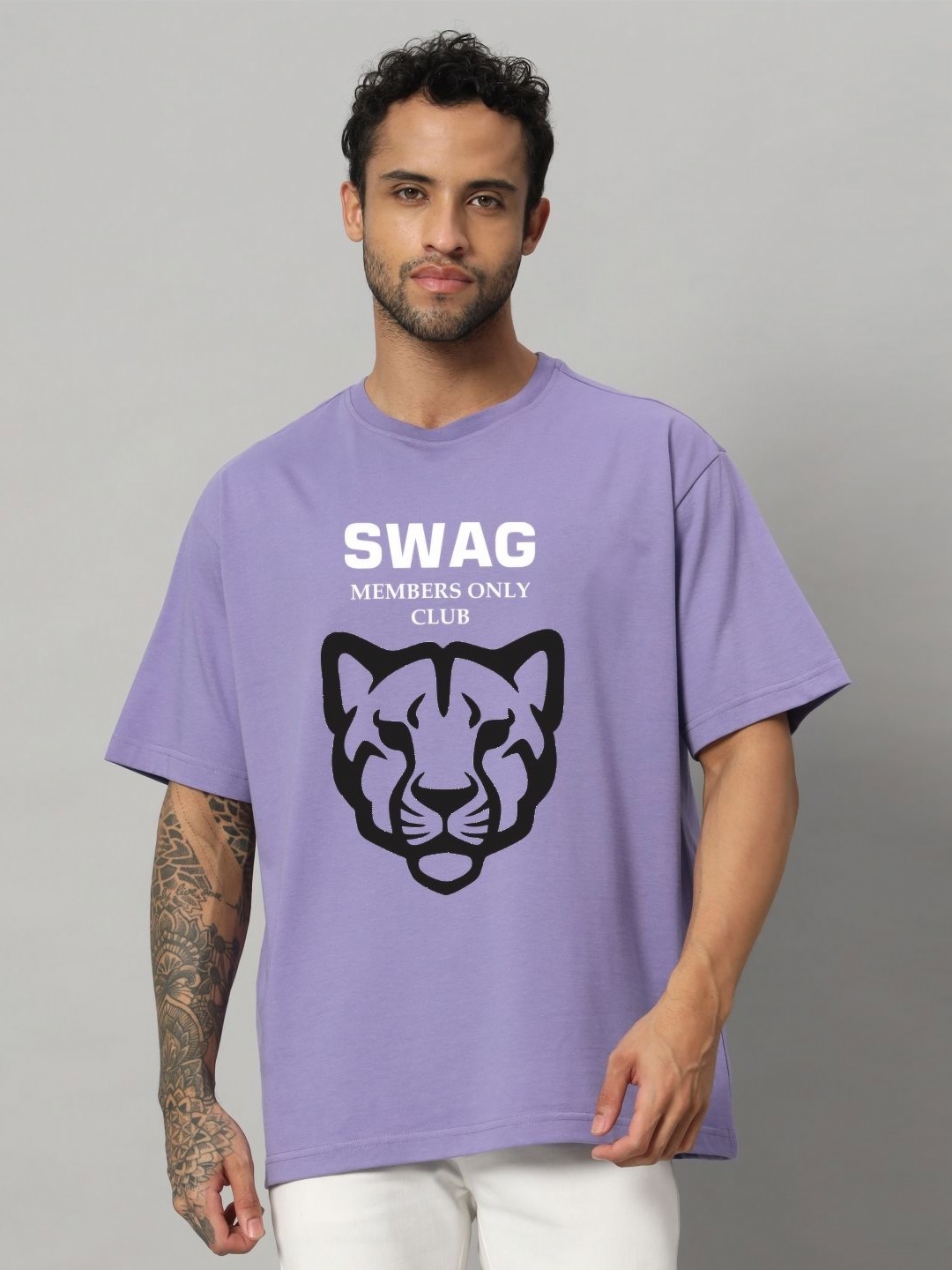 

SWAGNOX Men Typography Printed Round Neck Cotton Oversized T-Shirt, Purple