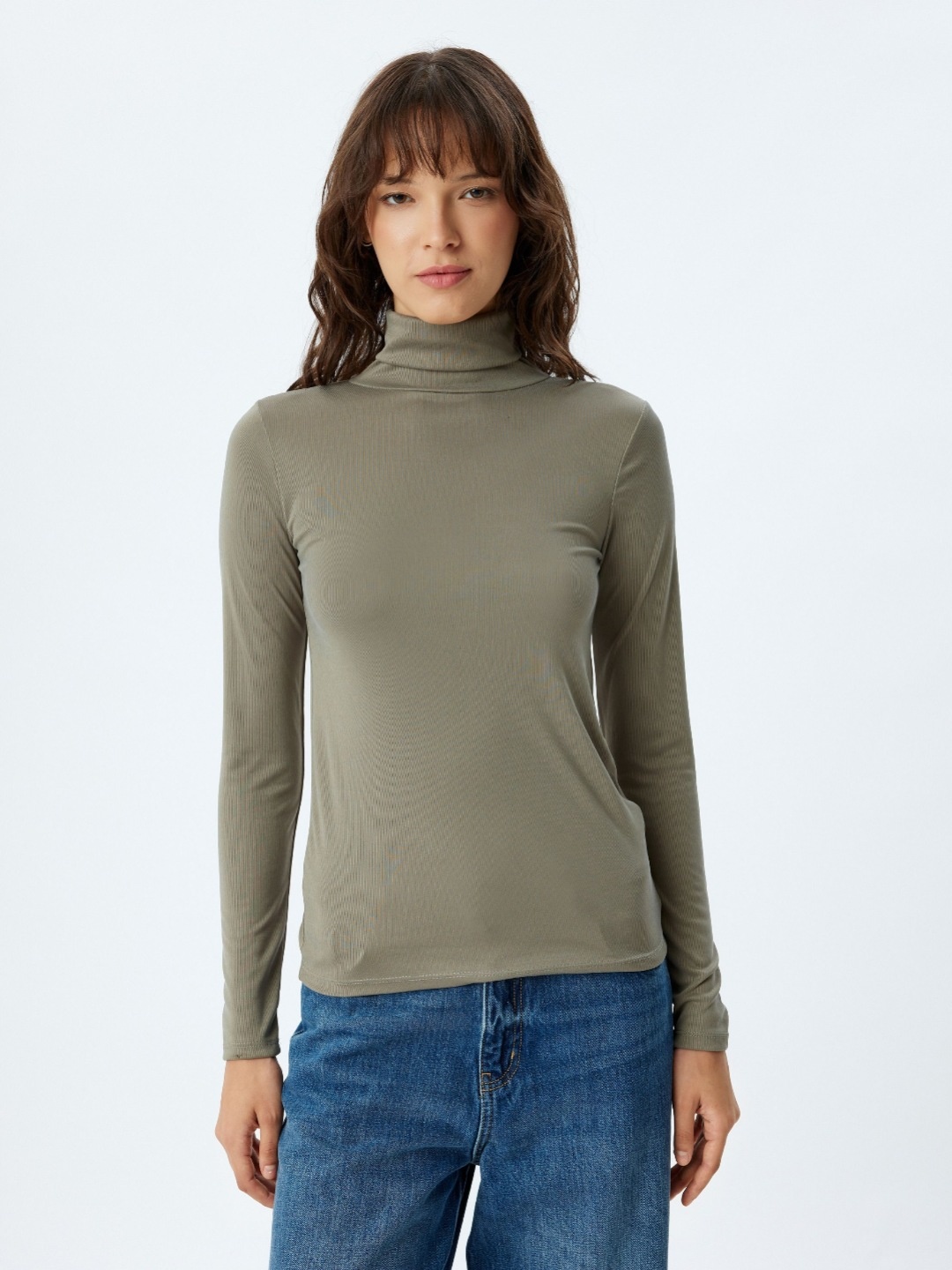 

Koton Women Solid High Neck T-shirt, Grey