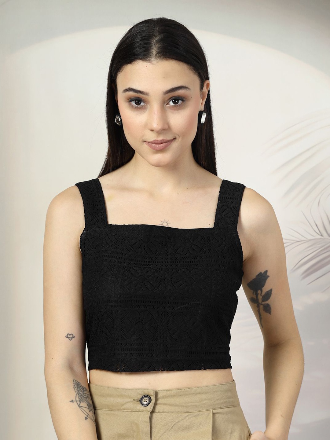 

plusS Women Self Design Crochet Square Neck Cotton Top, Black