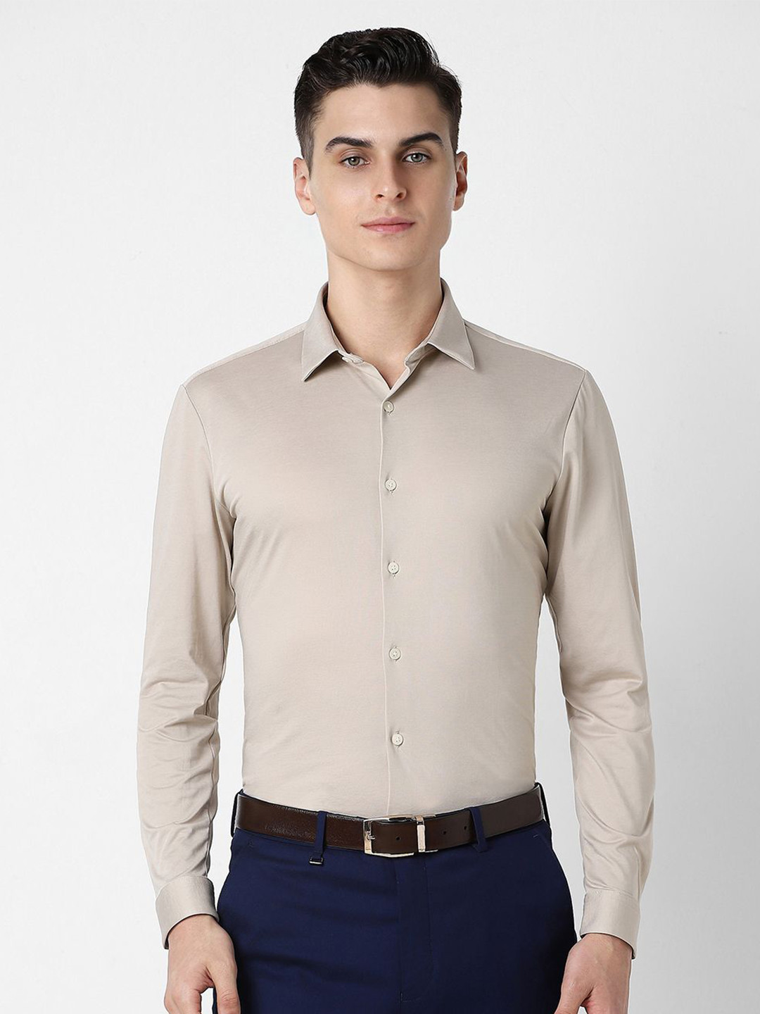

V Dot Men Spread Collar Solid Cotton Slim Fit Party Shirt, Beige