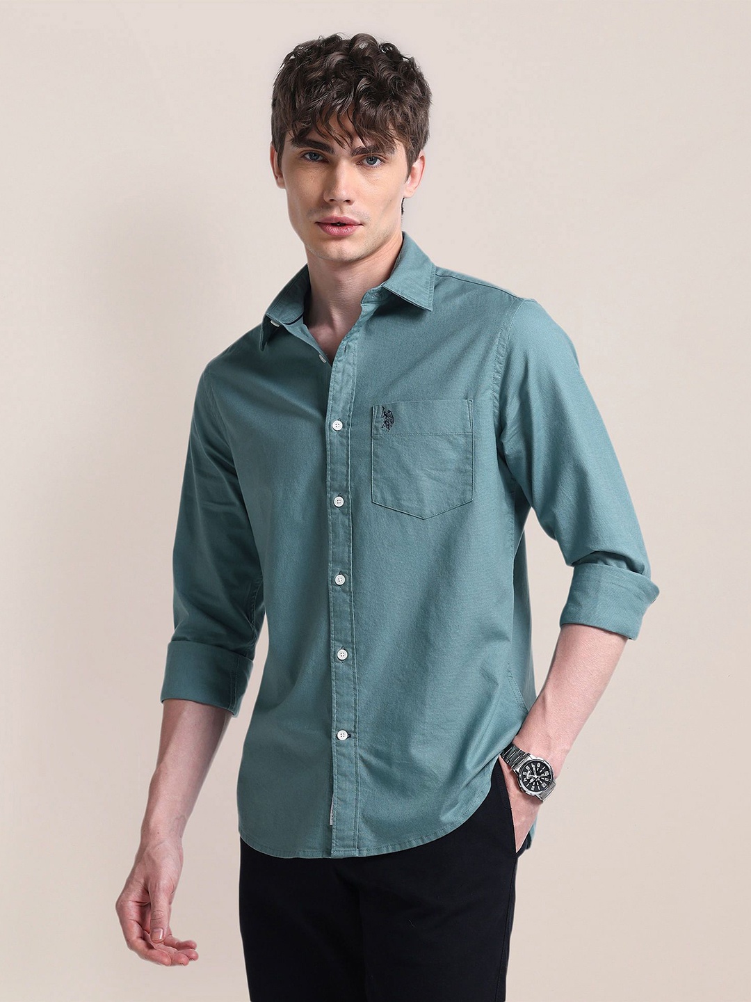 

U.S. Polo Assn. Men Classic Spread Collar Solid Cotton Casual Shirt, Green